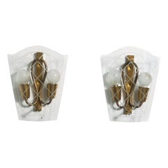 Italian Designer, Wall Lights, Glass, Brass, Italy, 1940s