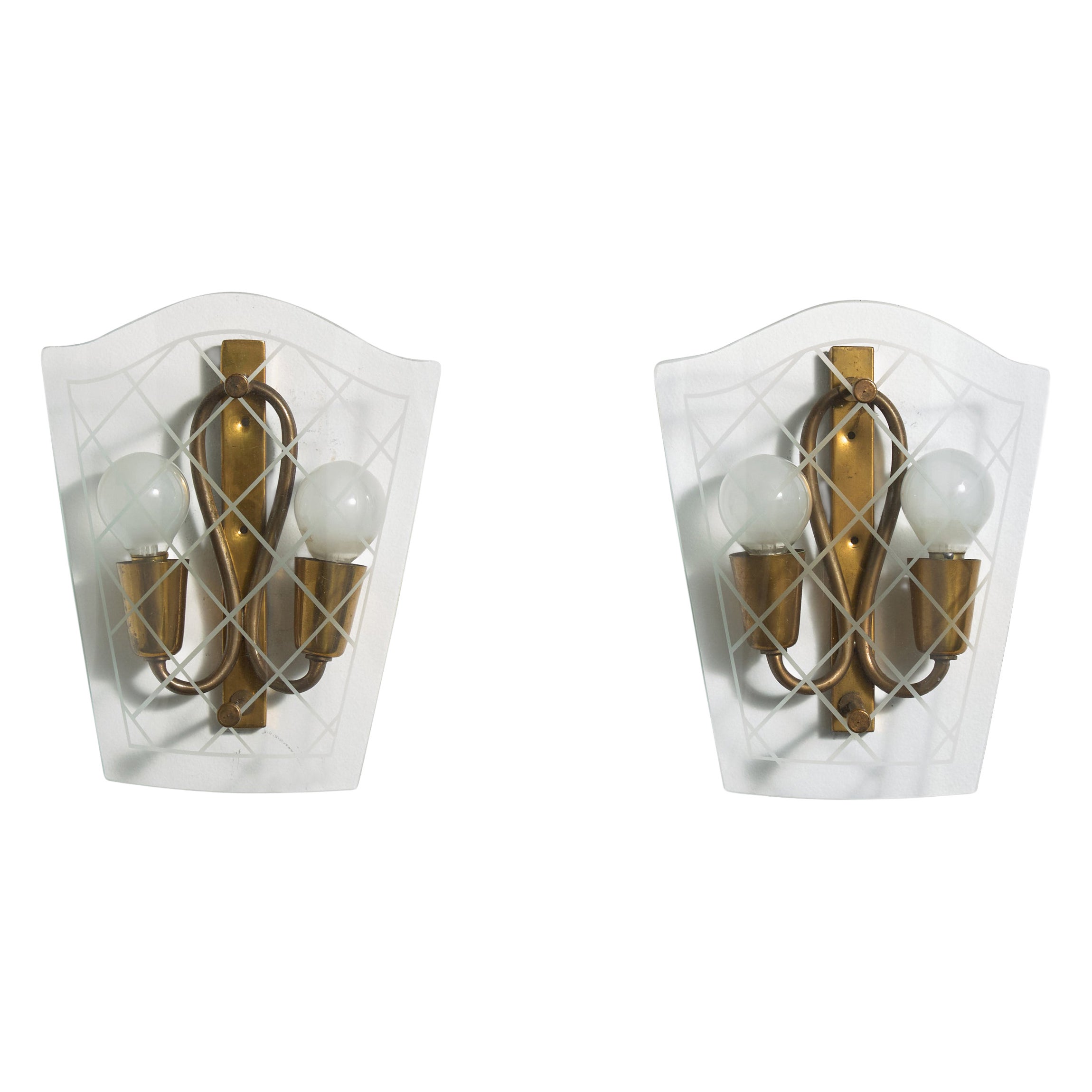 Designer italiano, lampade da parete, vetro, ottone, Italia, anni '40
