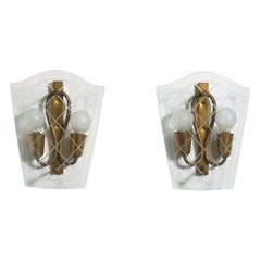 Italian Designer, Wall Lights, Glass, Brass, Italy, 1940s