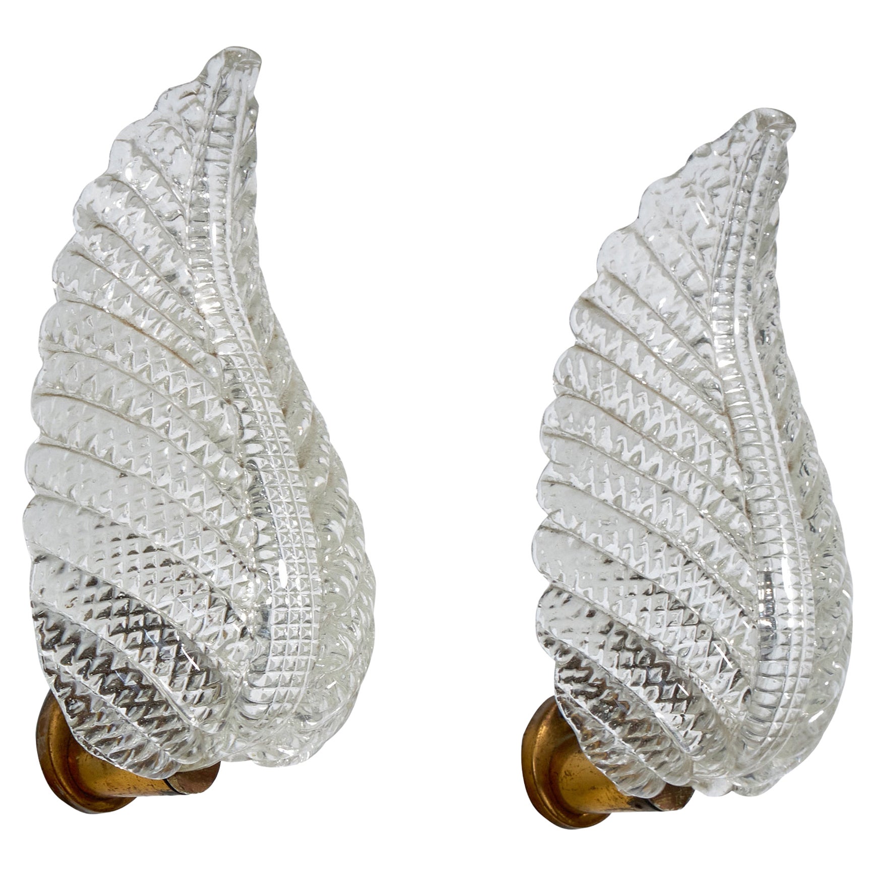 Italian Designer, Wall Lights, Glass, Brass, Italy, 1940s For Sale