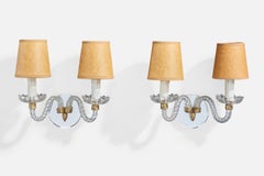 Italian Designer, Wall Lights, Glass, Brass, Mirror, Parchment, Italy, 1950s
