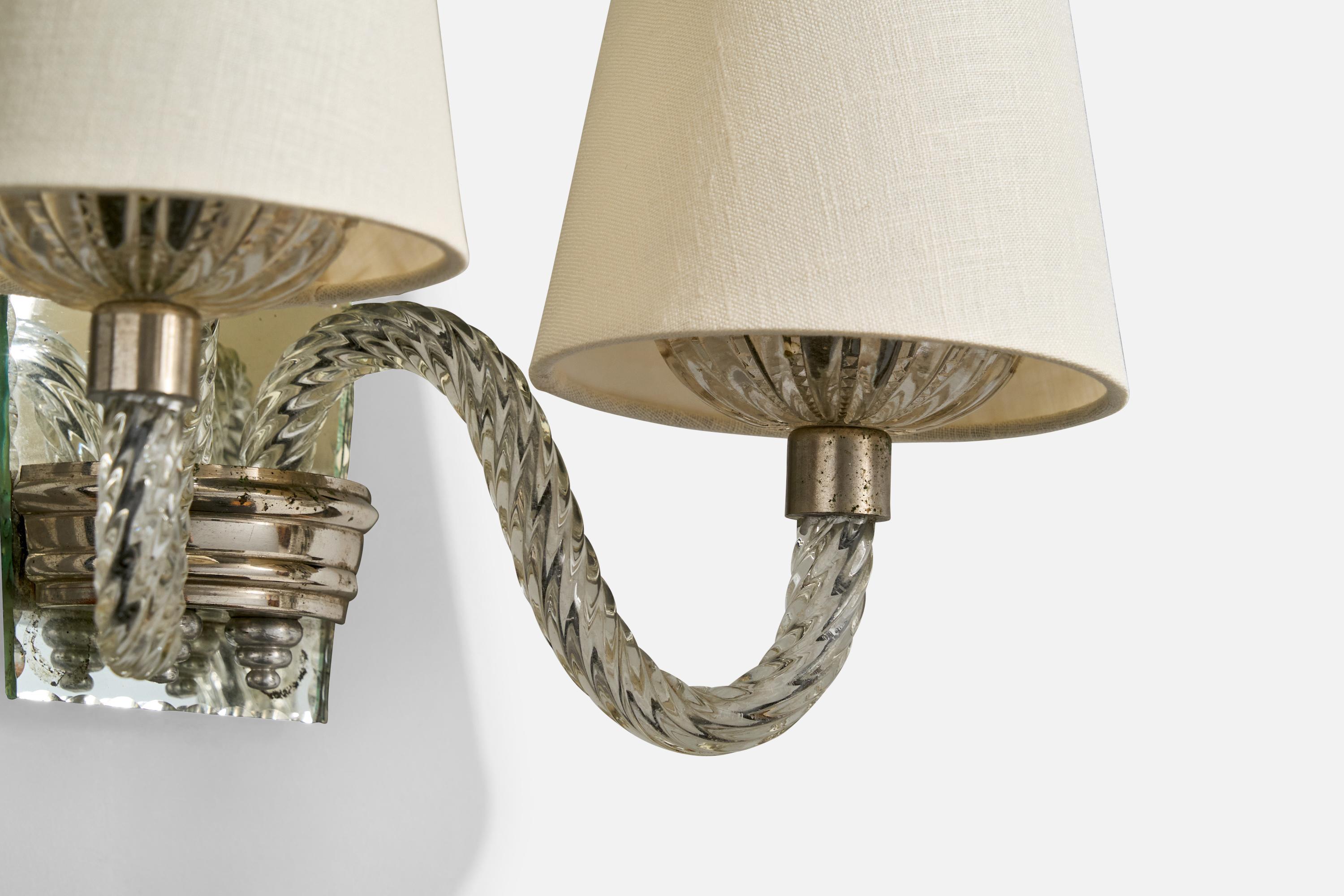 Italian Designer, Wall Lights, Glass, Mirror, Metal, Fabric, Italy, 1960s In Good Condition For Sale In High Point, NC