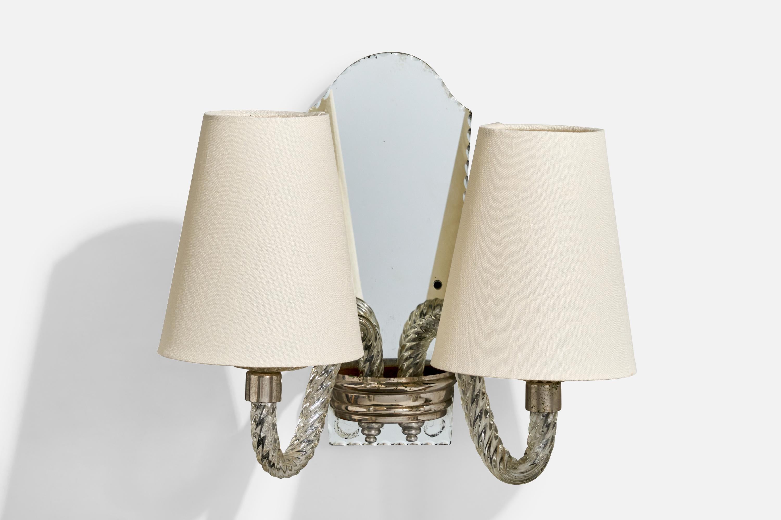 Mid-20th Century Italian Designer, Wall Lights, Glass, Mirror, Metal, Fabric, Italy, 1960s For Sale