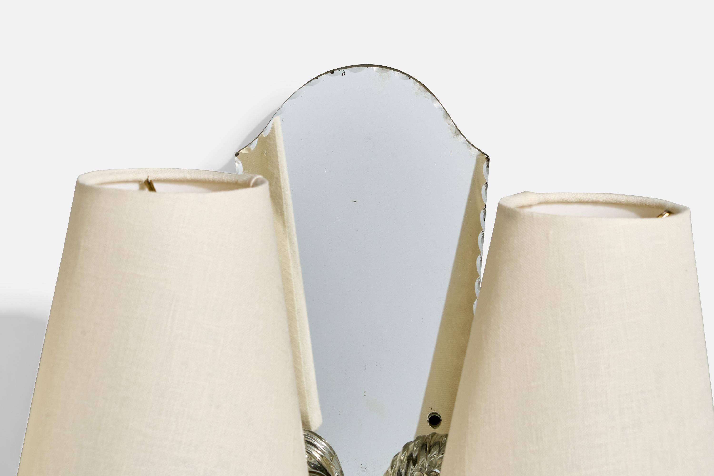 Italian Designer, Wall Lights, Glass, Mirror, Metal, Fabric, Italy, 1960s For Sale 2