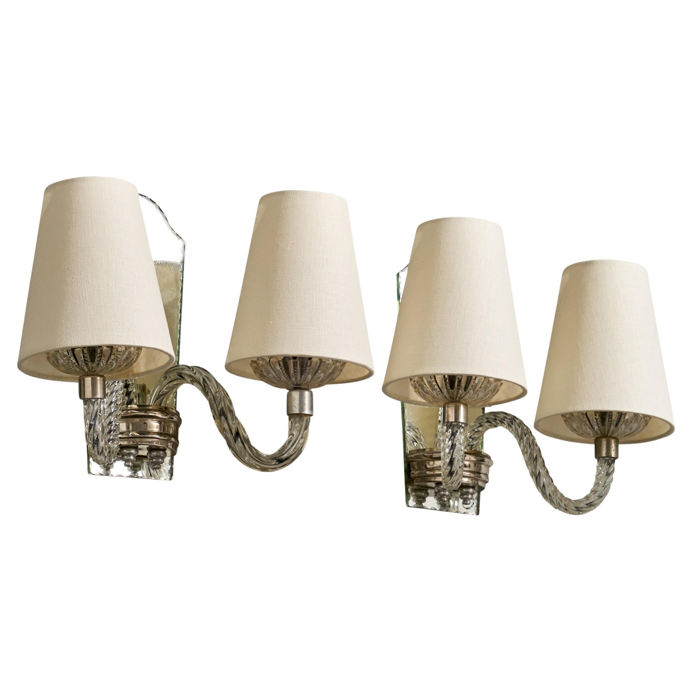 Italian Designer, Wall Lights, Glass, Mirror, Metal, Fabric, Italy, 1960s For Sale