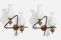 Italian Designer, Wall Lights, Metal, Brass, Glass, Italy, 1950s