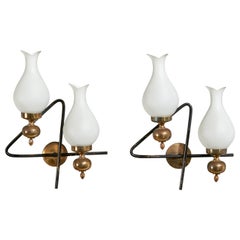 Italian Designer, Wall Lights, Metal, Brass, Glass, Italy, 1950s