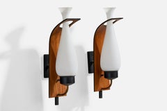 Design italiano, lampade da parete, metallo, ottone, teak, vetro, Italia, anni '50