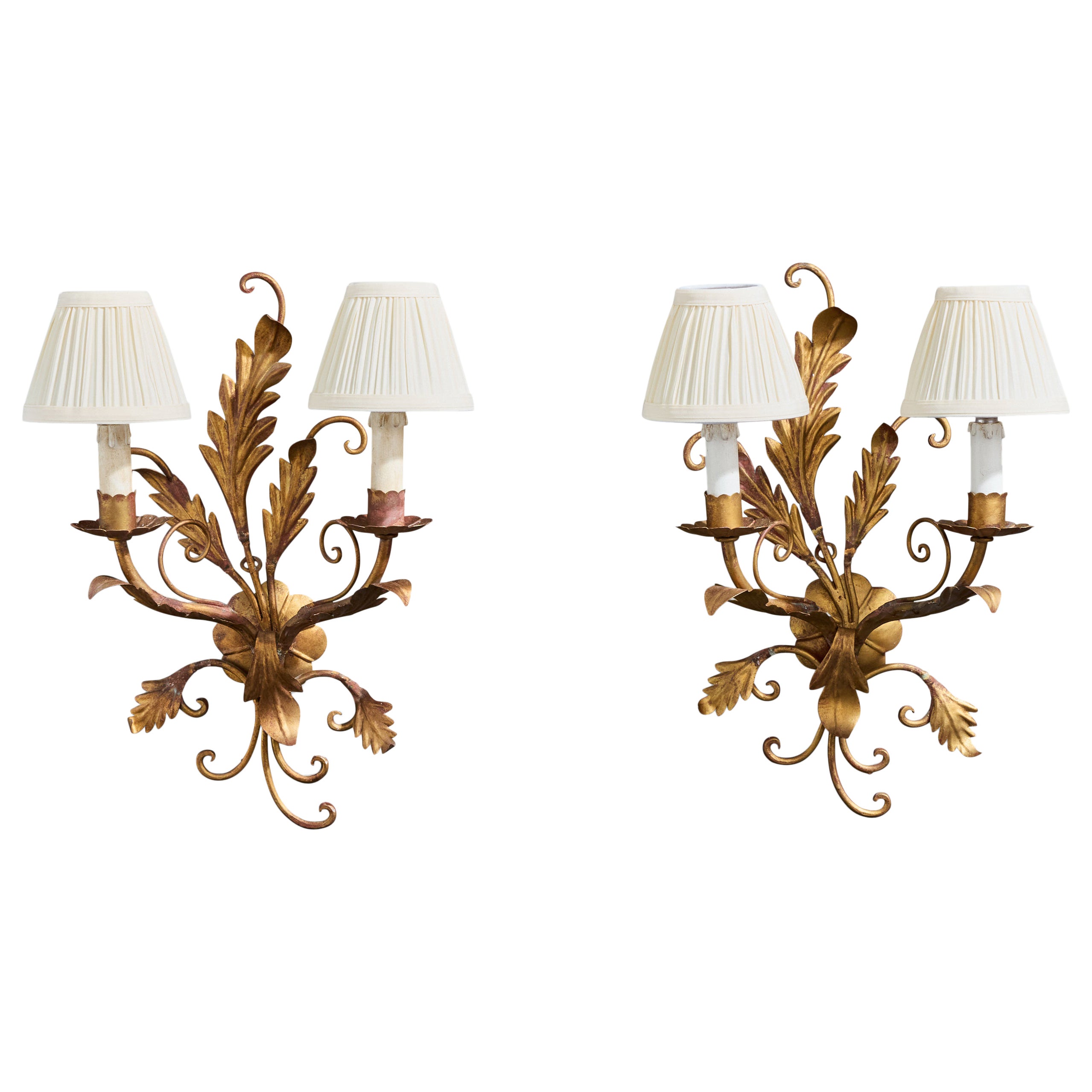 Italian Designer, Wall Lights, Metal, Fabric, Italy, 1940s For Sale