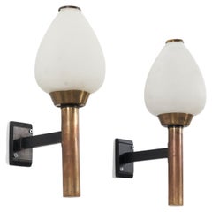 Italian Designer, Wall Lights, Milk Glass, Brass, Lacquered Metal, Italy, 1950s