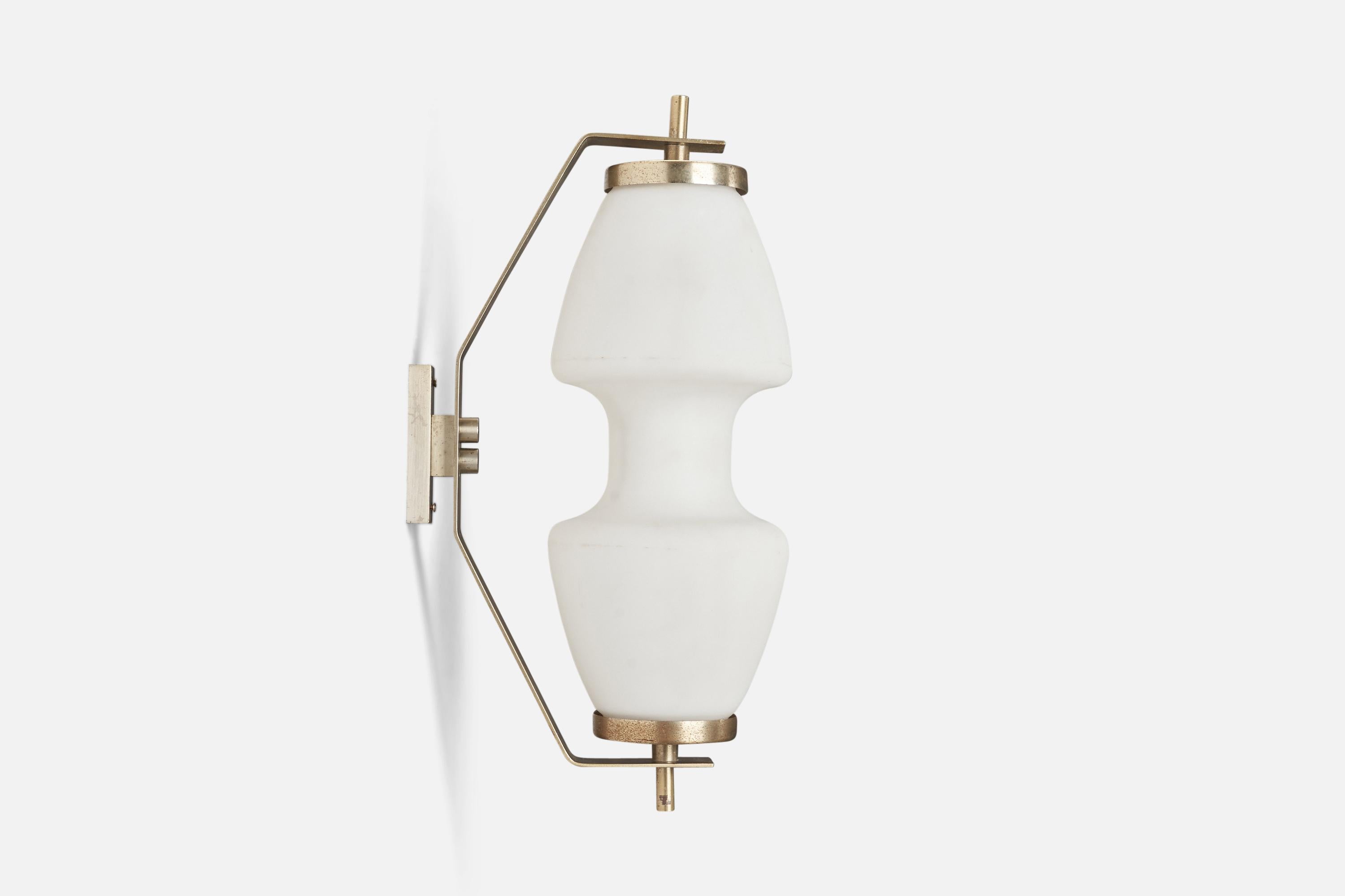 A pair of nickel-plated brass, milk glass wall lights designed and produced by an Italian Designer, 1950s.

Dimensions of back plate (inches) : 4 x 1.1 x 0.5 (Height x Width x Depth)

Sockets take standard E-26 medium base bulbs.

There is no