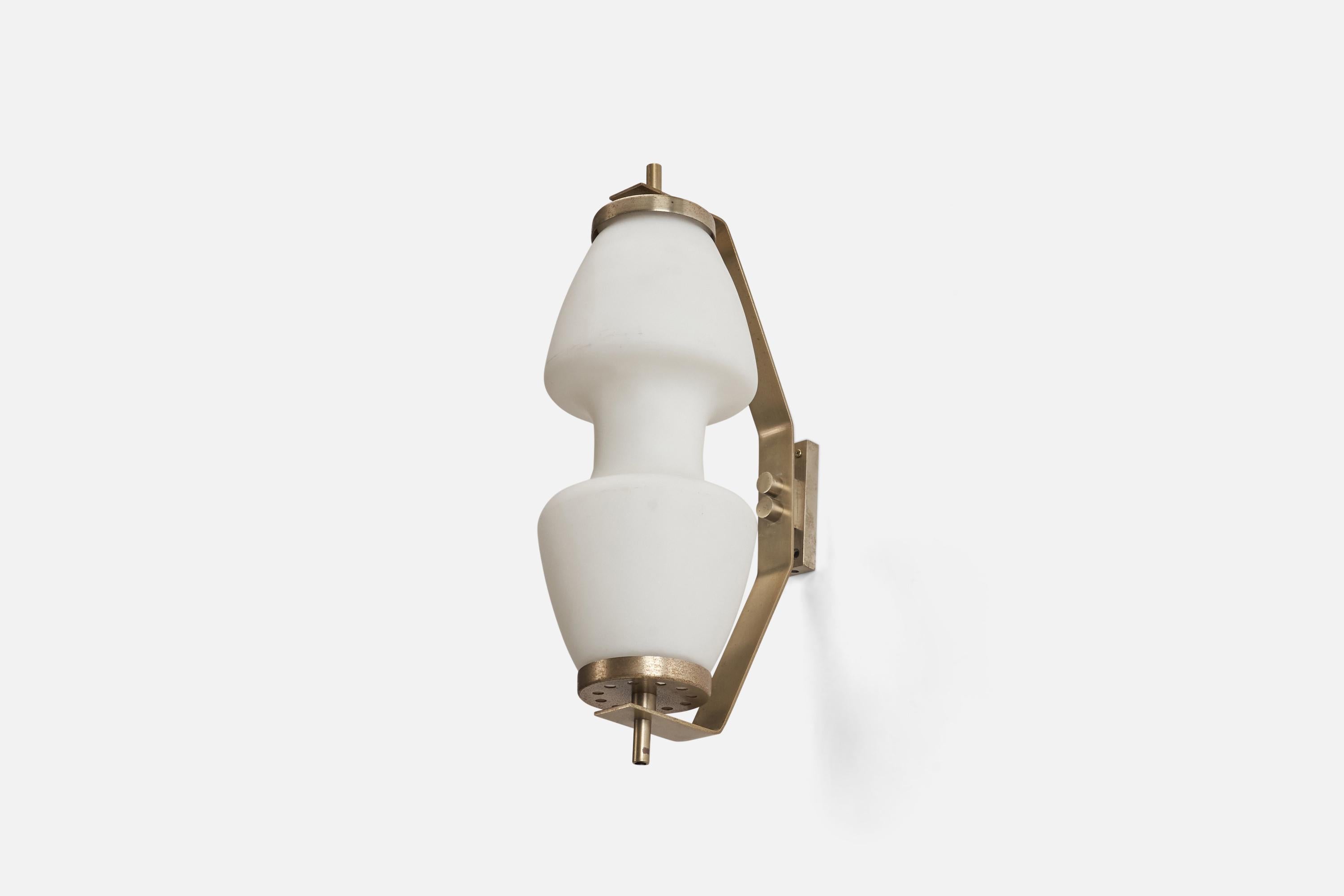 Mid-Century Modern Italian Designer, Wall Lights, Nickel-Plated Brass, Milk Glass, Italy, 1950s For Sale