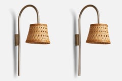 Italian Designer, Wall Lights, Nickel, Rattan, Italy, 1960s