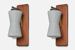 Italian Designer, Wall Lights, Teak, Glass, Metal, Brass, Italy, 1950s