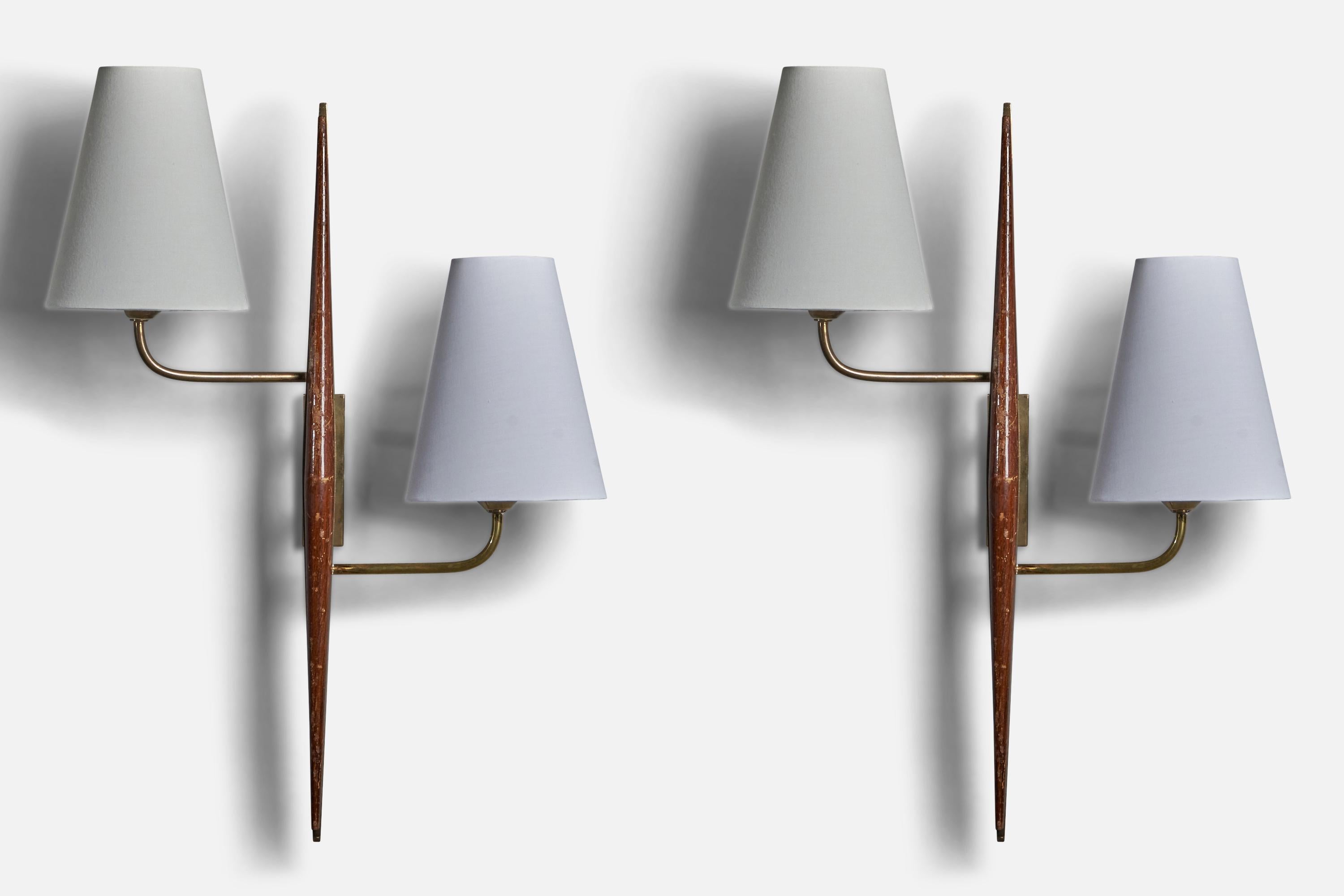 A pair of two-armed brass, wood and white fabric wall lights designed and produced in Italy, 1940s.

Overall Dimensions (inches): 21” H x 15” W x 6.75” D
Back Plate Dimensions (inches): 1.15” W x 4.4” H
Bulb Specifications: E-12 Bulb
Number of