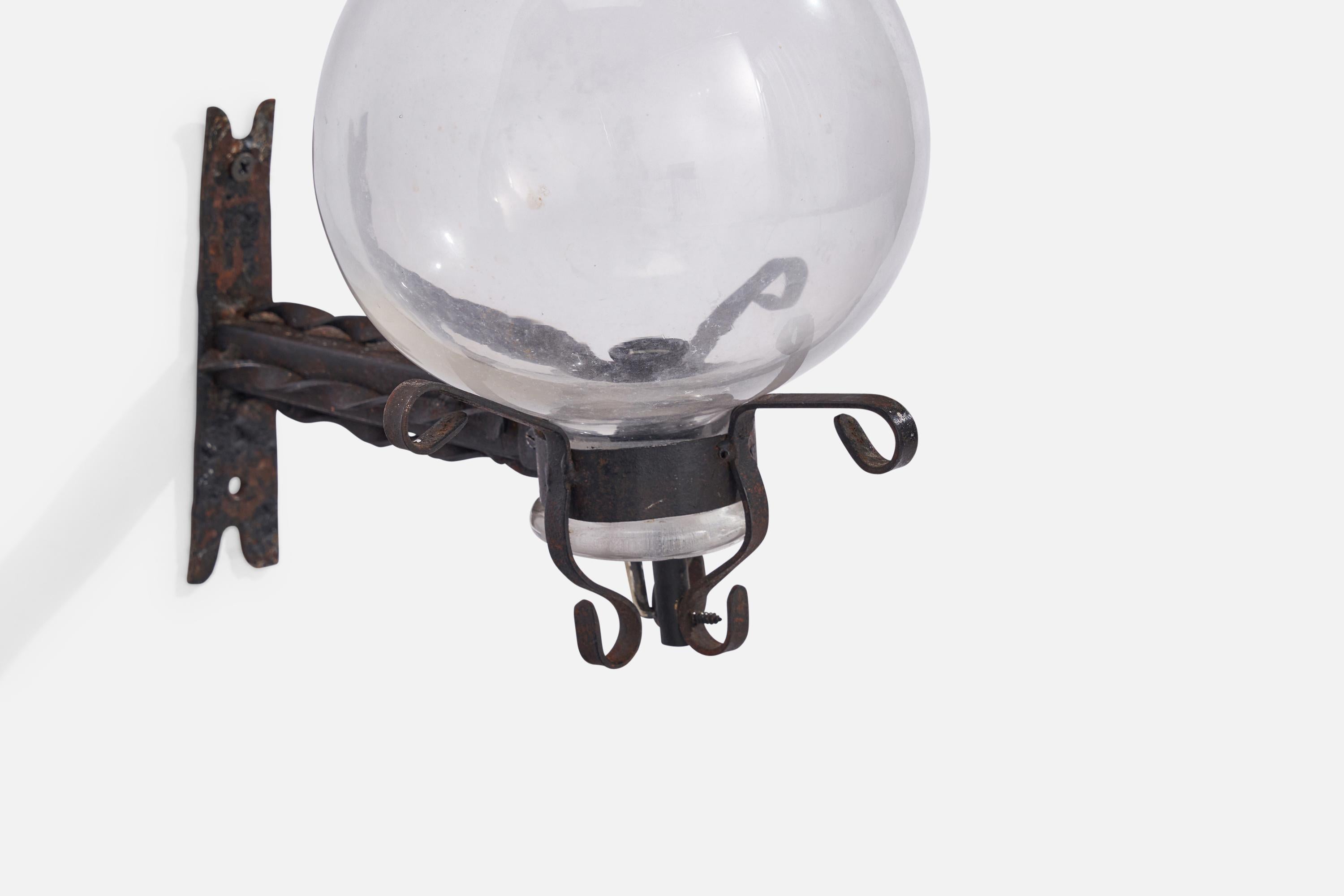 Italian Designer, Wall Lights, Wrought Iron, Blown Glass, Italy, 1930s For Sale 2