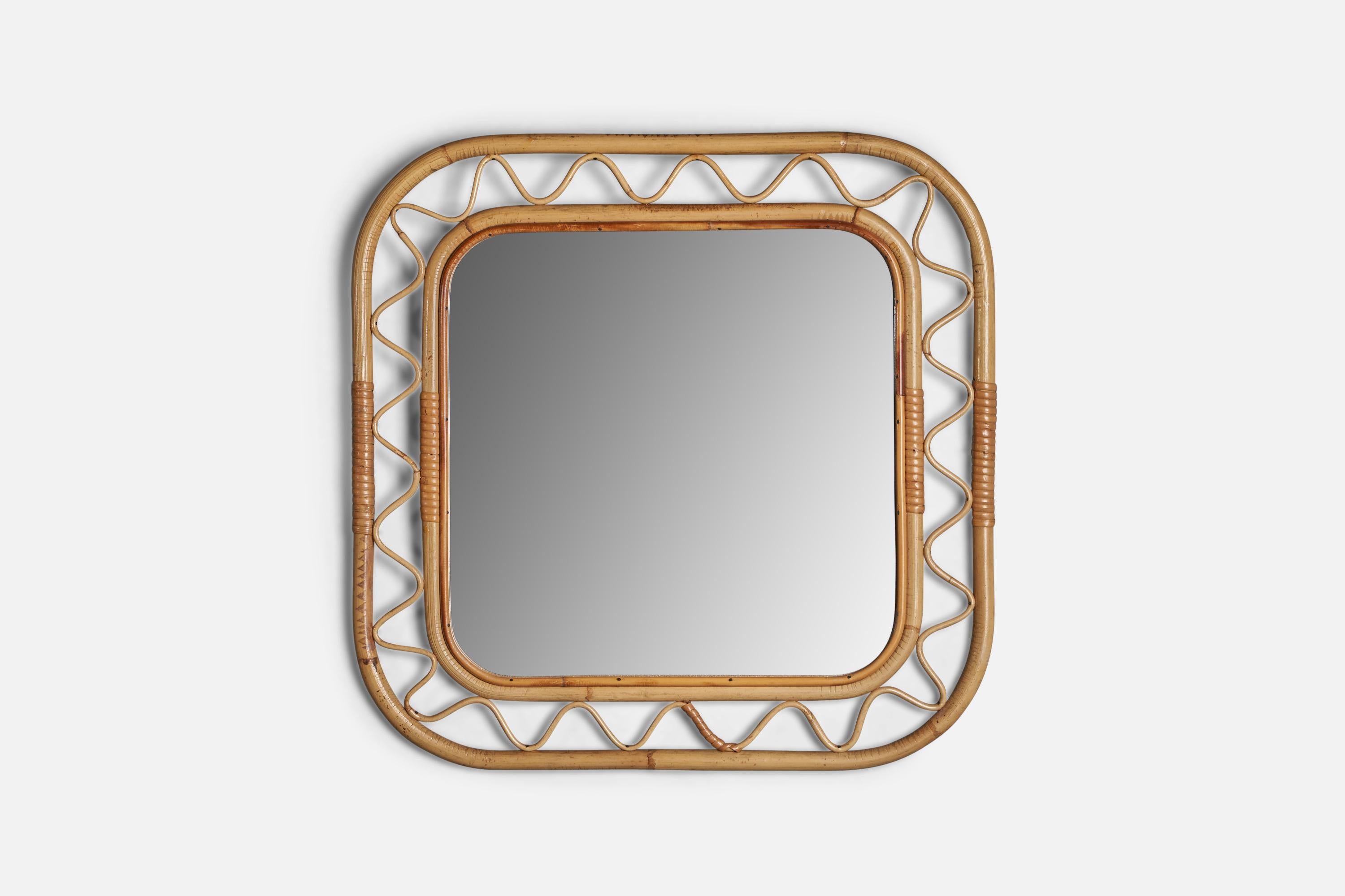 A bamboo and rattan wall mirror, designed and produced in Italy, 1950s.