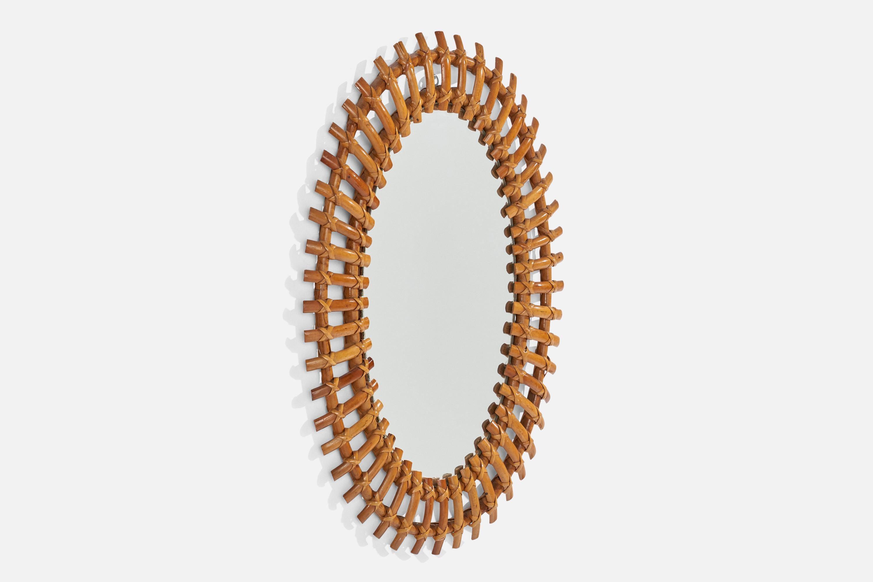 Diseñador italiano, espejo de pared, bambú, ratán, Italia, años 50 Moderno de mediados de siglo en venta