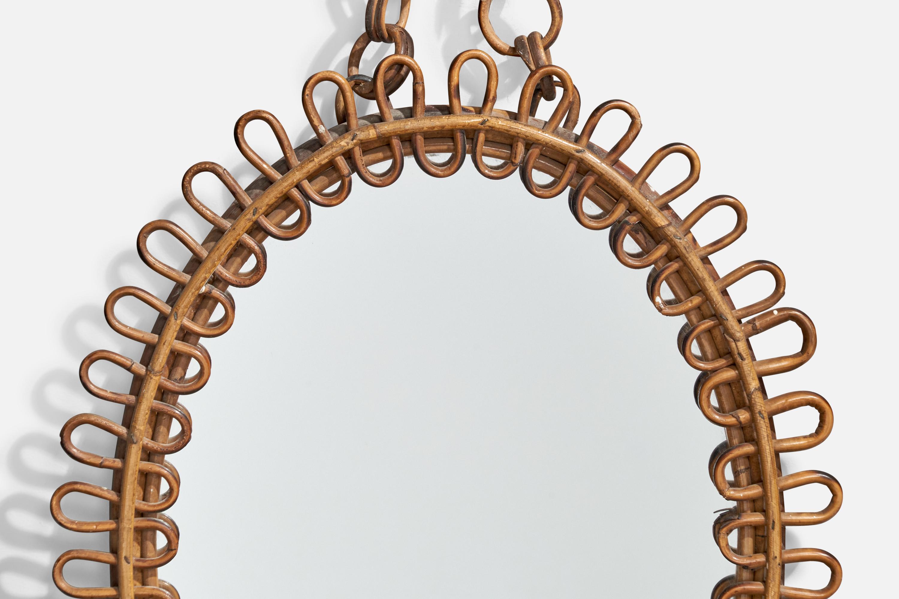 Diseñador italiano, espejo de pared, bambú, ratán, Italia, años 50 en Bueno estado para la venta en High Point, NC