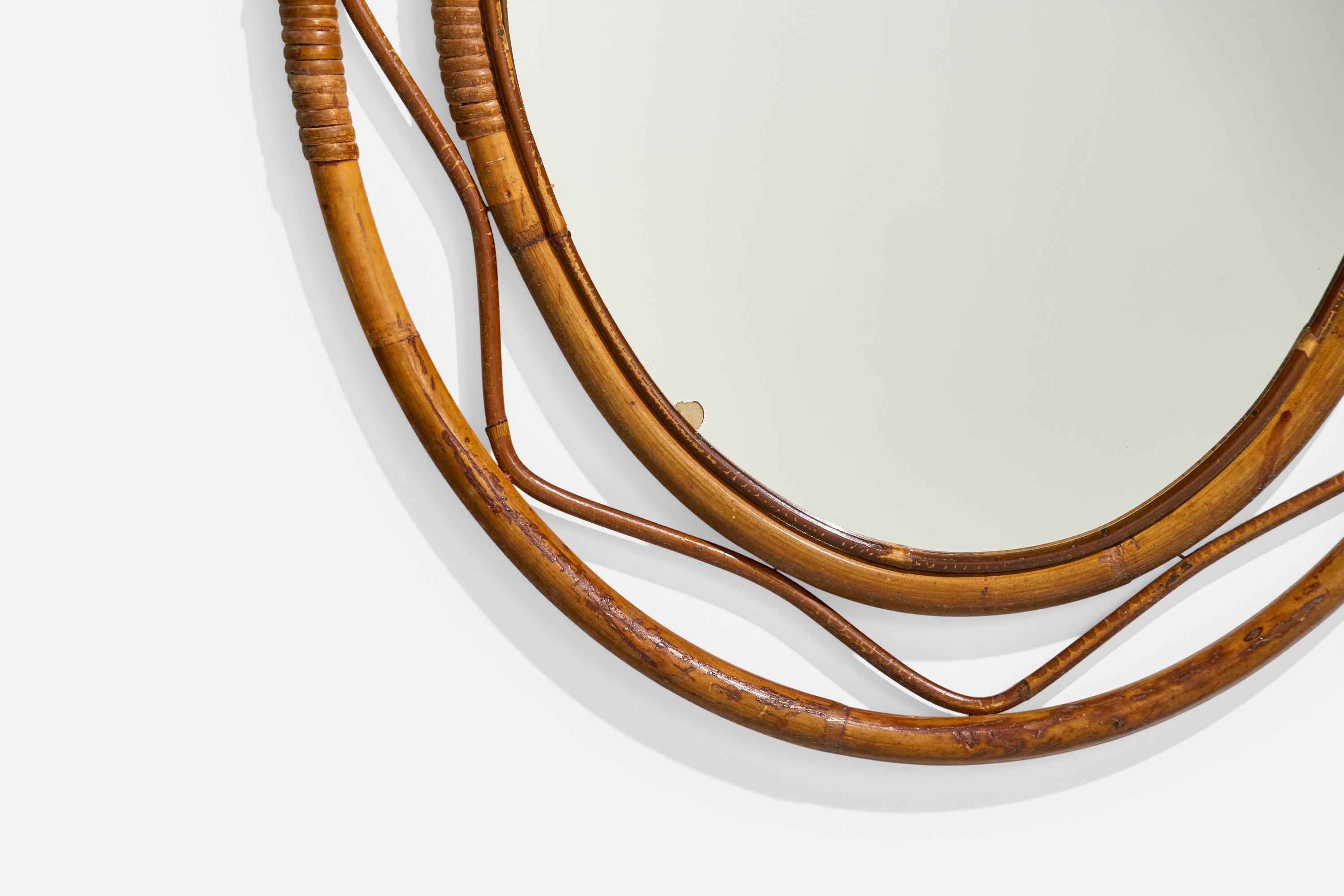 Metà XX secolo Specchio da parete di design italiano, bambù, rattan, Italia, anni '50 in vendita