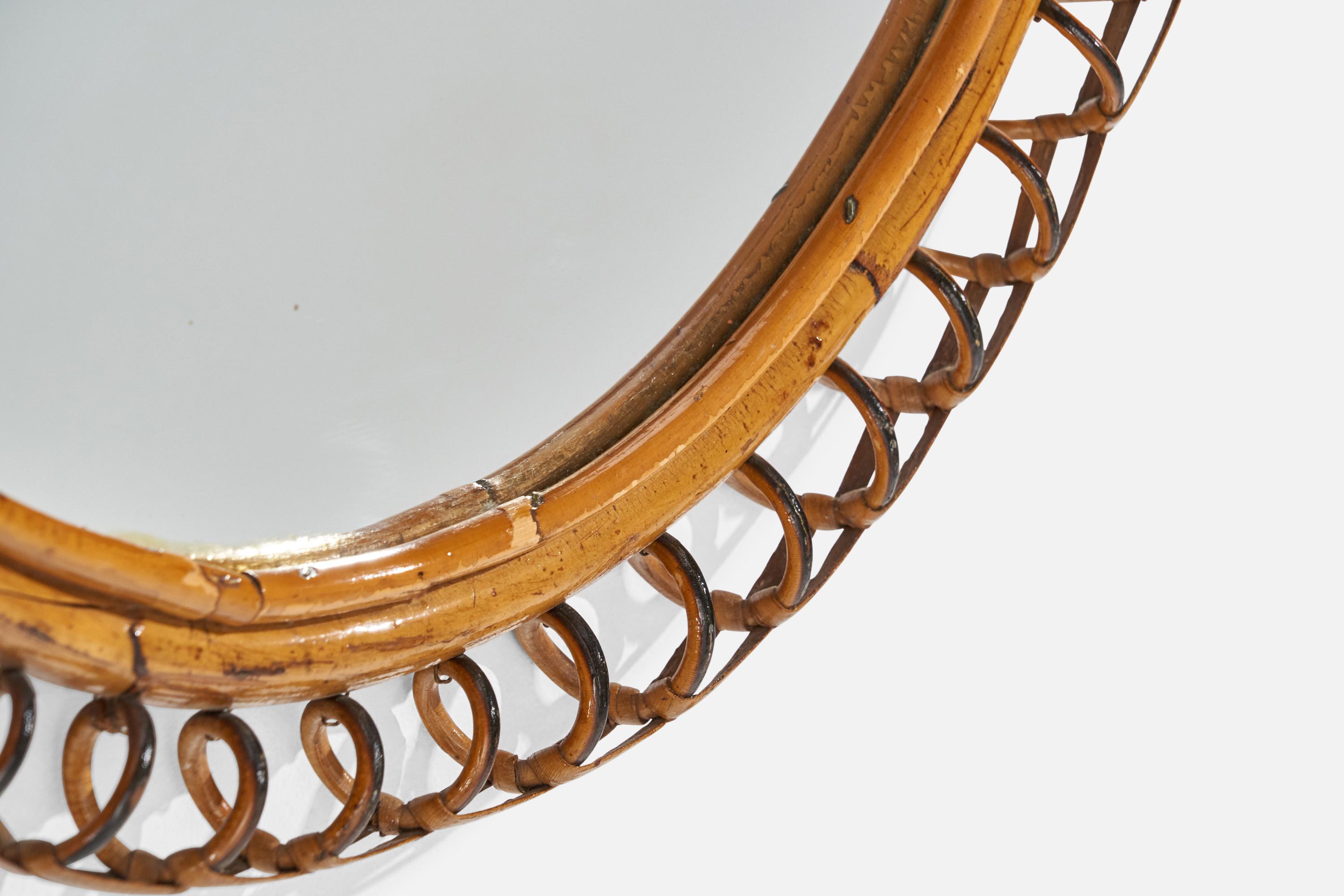 Miroir mural de designer italien, bambou, rotin, Italie, années 1950 en vente 1
