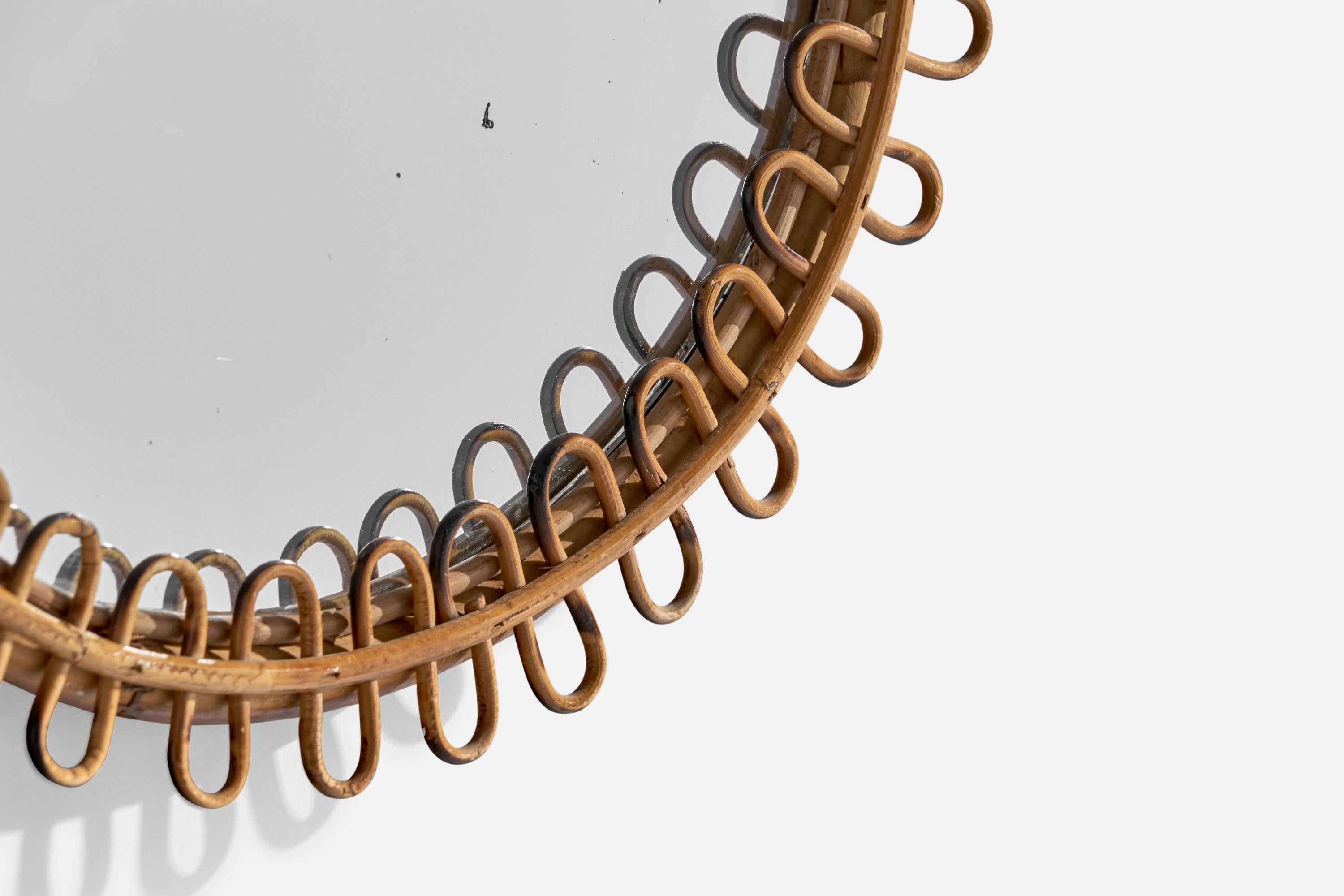 Diseñador italiano, espejo de pared, bambú, ratán, Italia, años 50 Bambú en venta