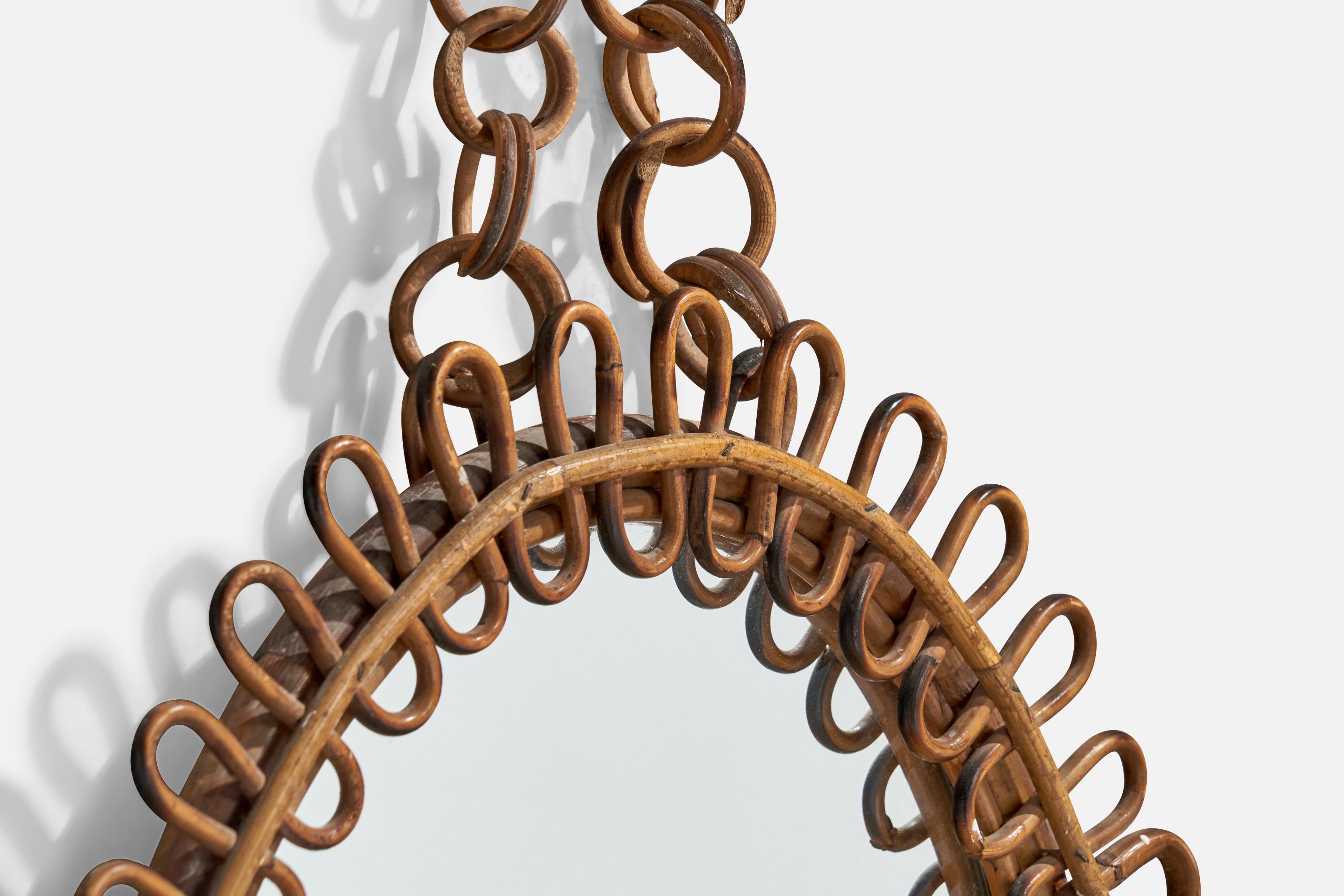 Diseñador italiano, espejo de pared, bambú, ratán, Italia, años 50 Bambú en venta