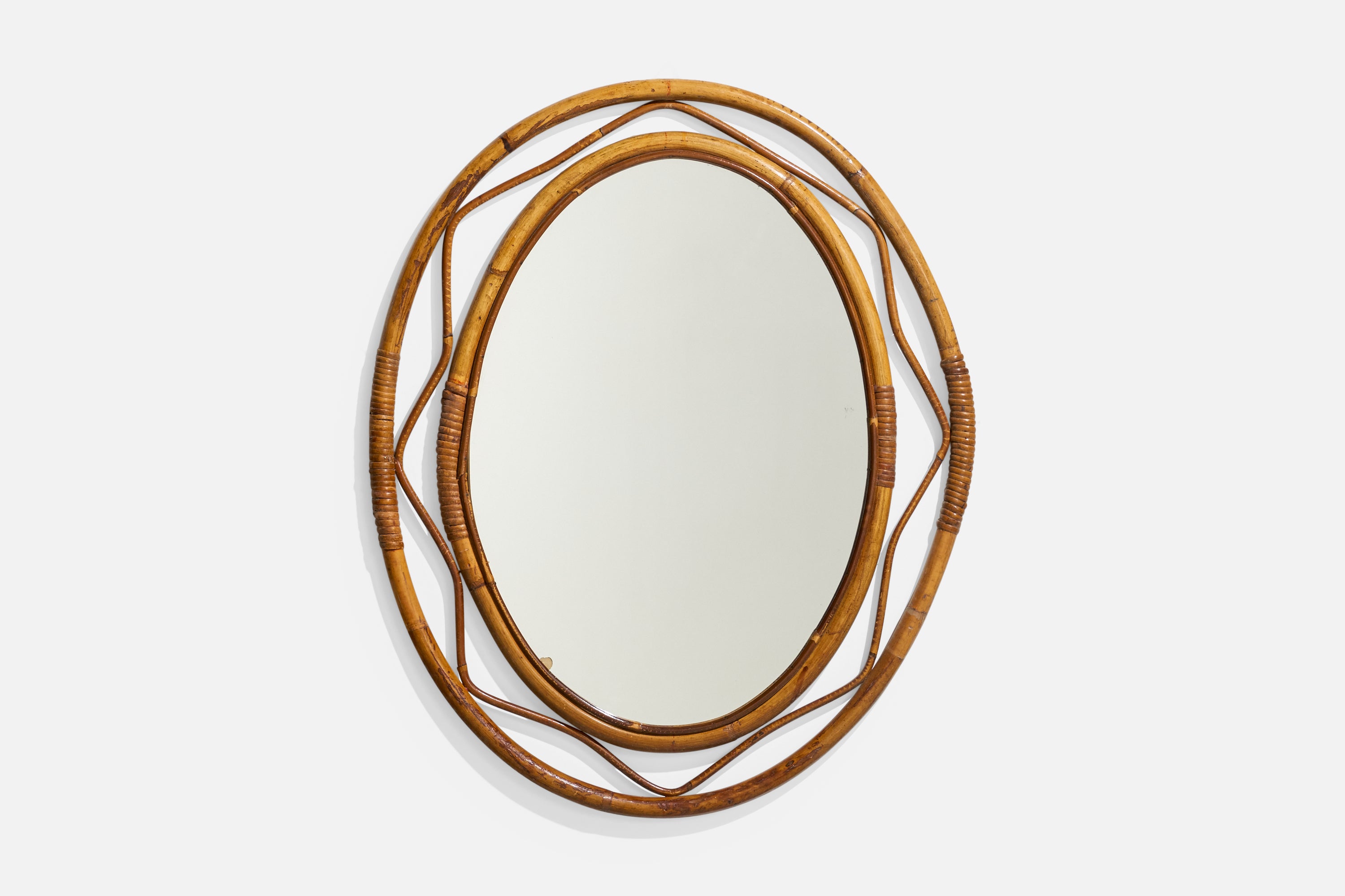 Italienischer Designer, Wandspiegel, Bambus, Rattan, Italien, 1950er Jahre