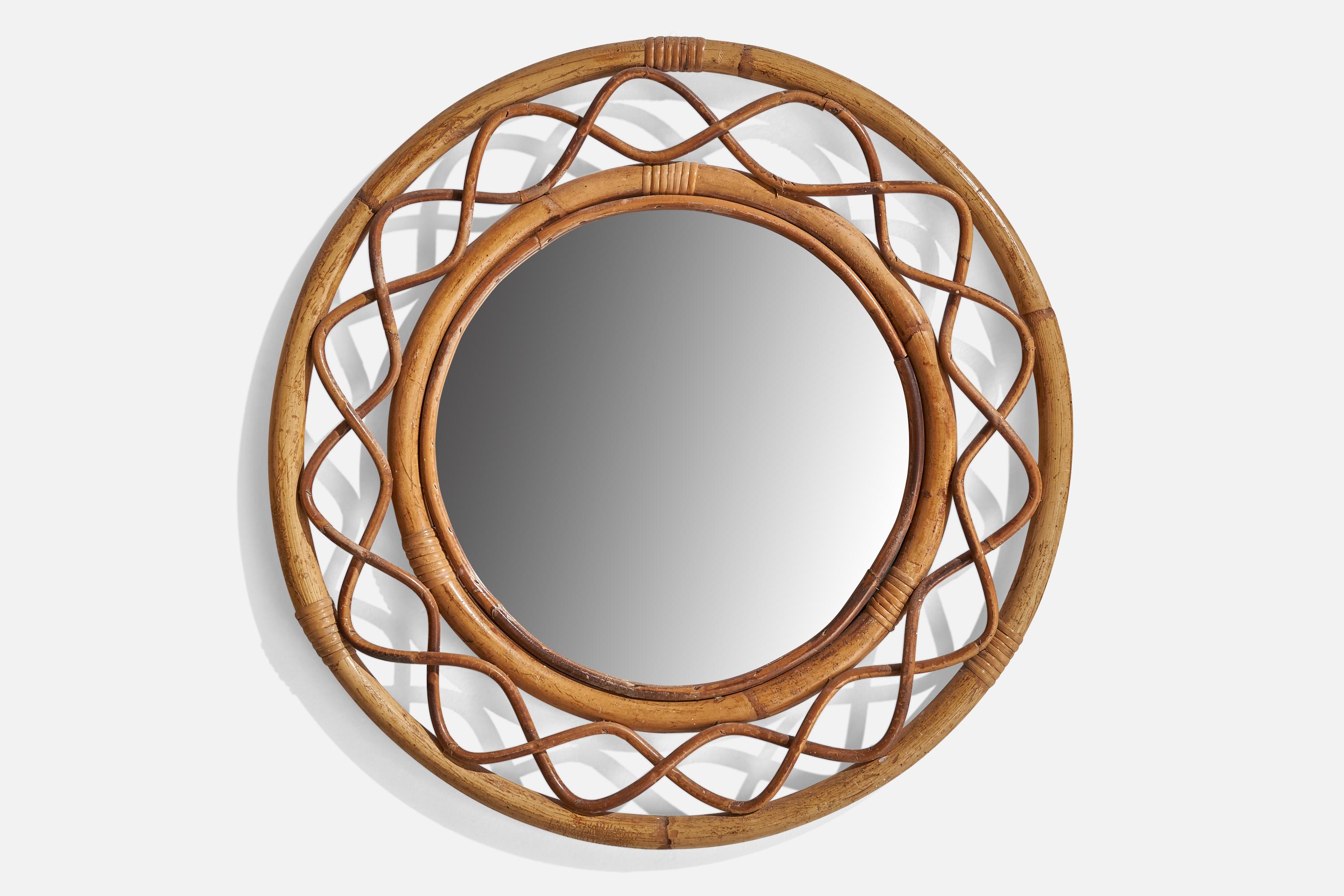 A moulded bamboo and rattan wall mirror designed and produced in Italy, 1960s.
