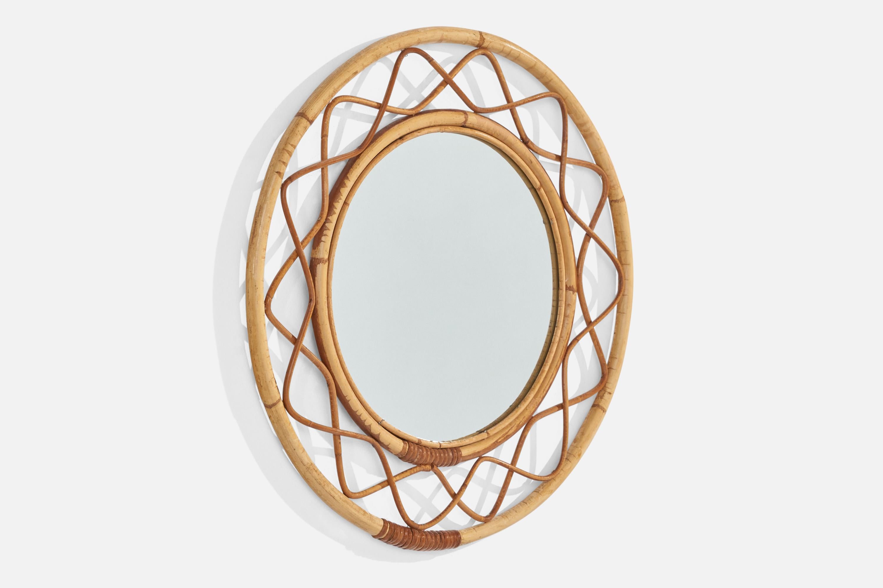 Mid-Century Modern Italian Designer, Wall Mirror, Bamboo, Rattan, Italy, 1960s For Sale