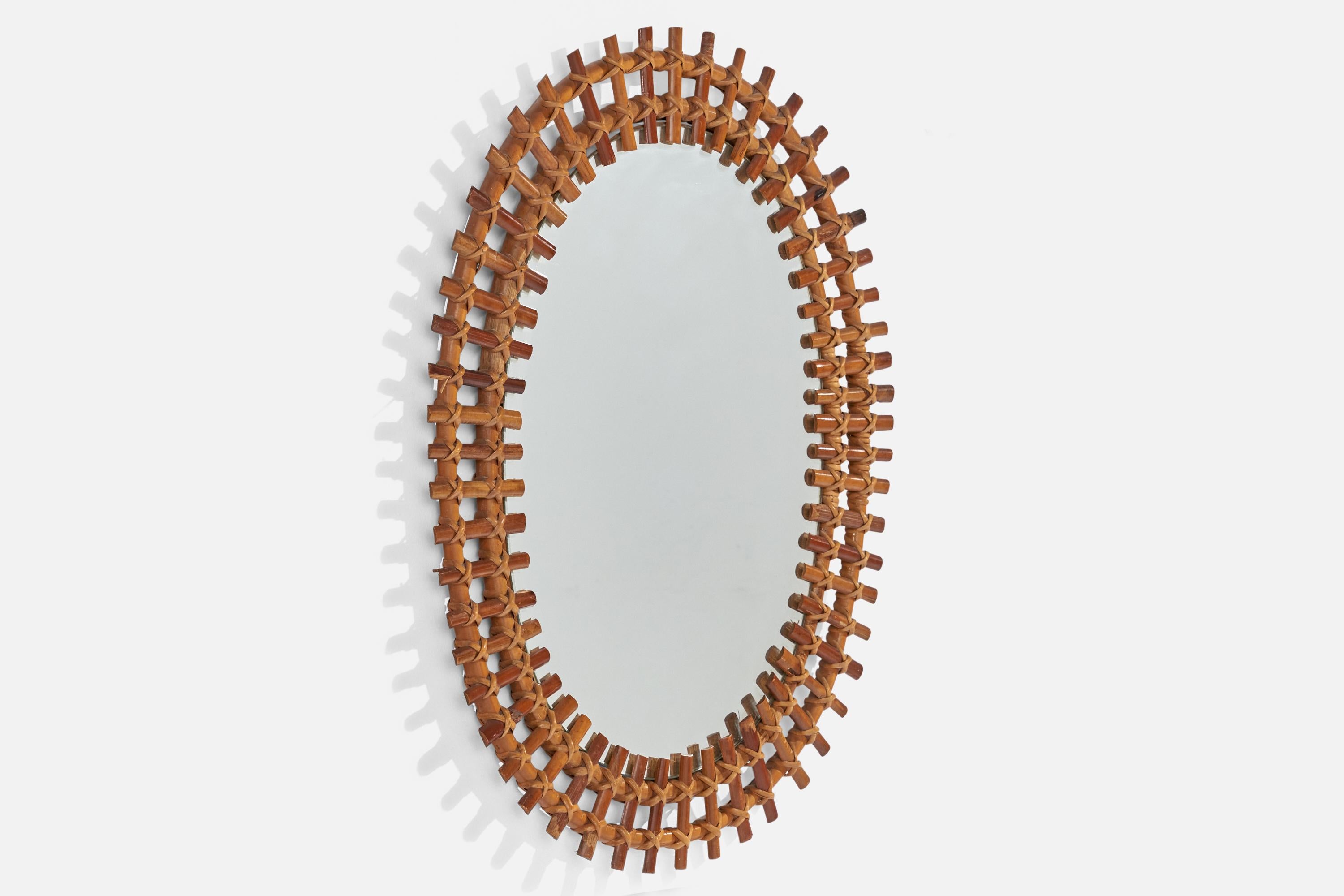 Diseñador italiano, espejo de pared, bambú, ratán, Italia, años 60 Moderno de mediados de siglo en venta