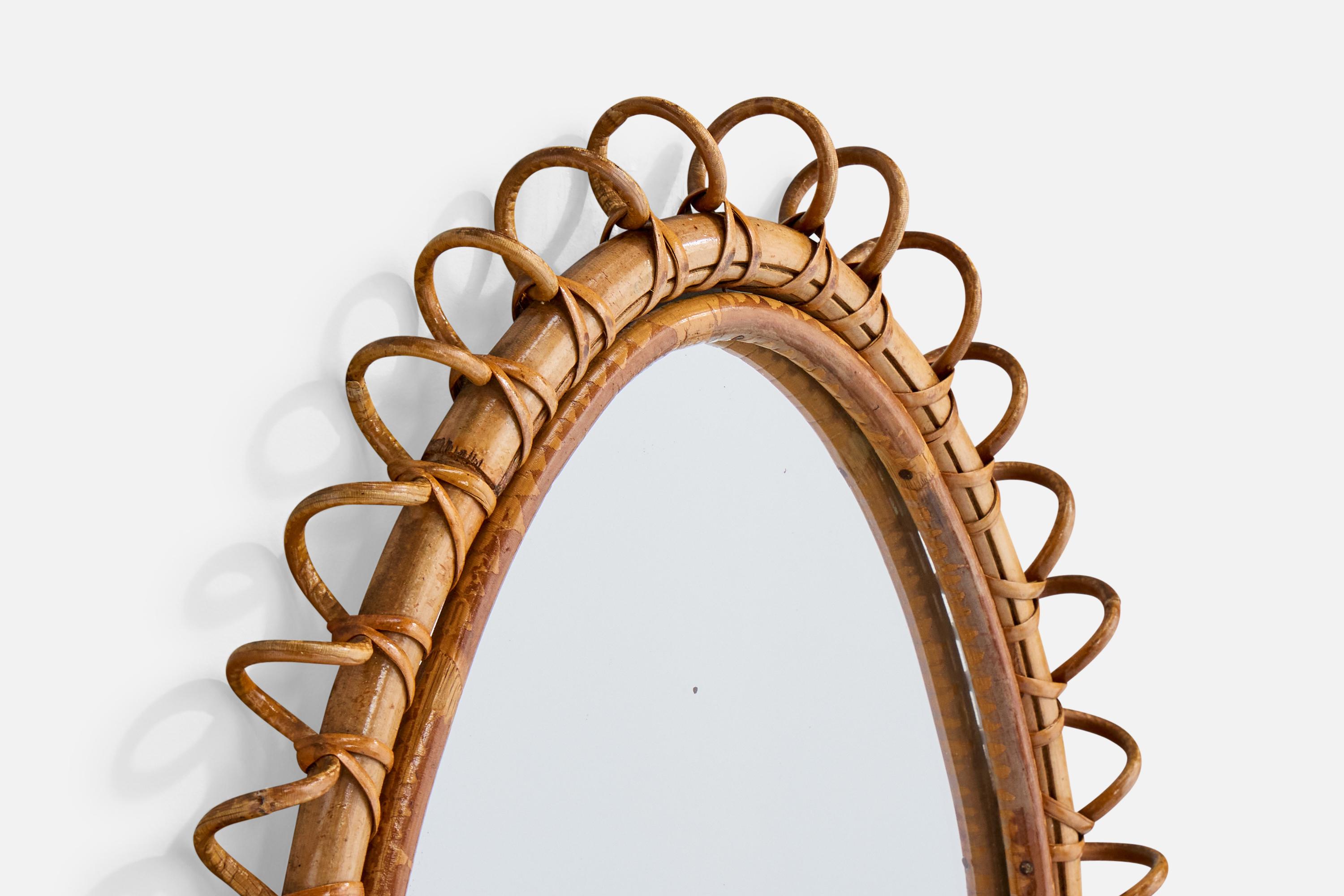 Diseñador italiano, espejo de pared, bambú, ratán, Italia, años 60 Italiano en venta