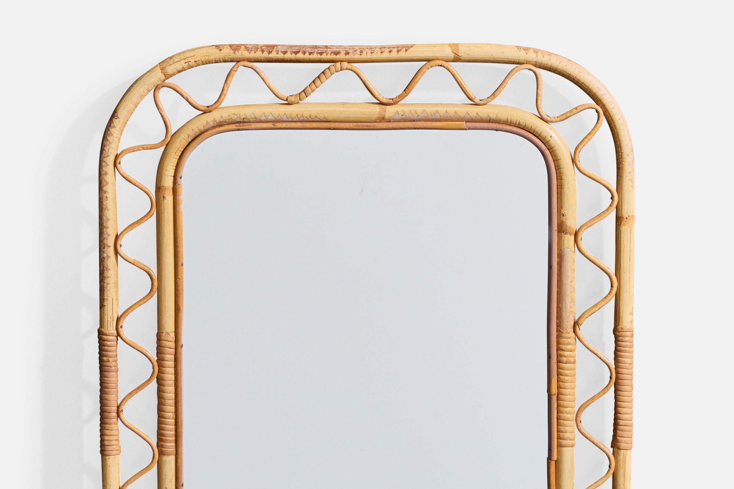 Italienischer Designer, Wandspiegel, Bambus, Rattan, Italien, 1960er Jahre (Mitte des 20. Jahrhunderts) im Angebot