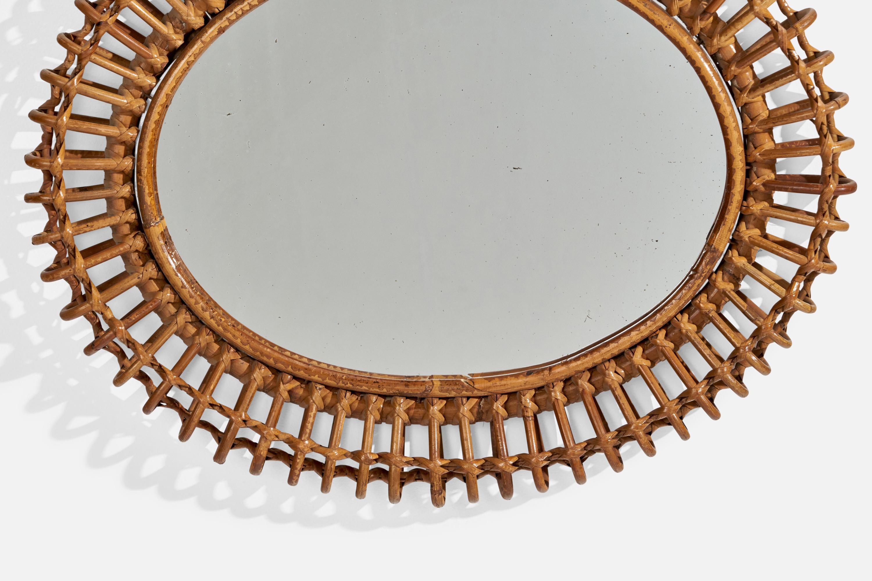 Miroir mural de designer italien, bambou, rotin, Italie, années 1960 en vente 1