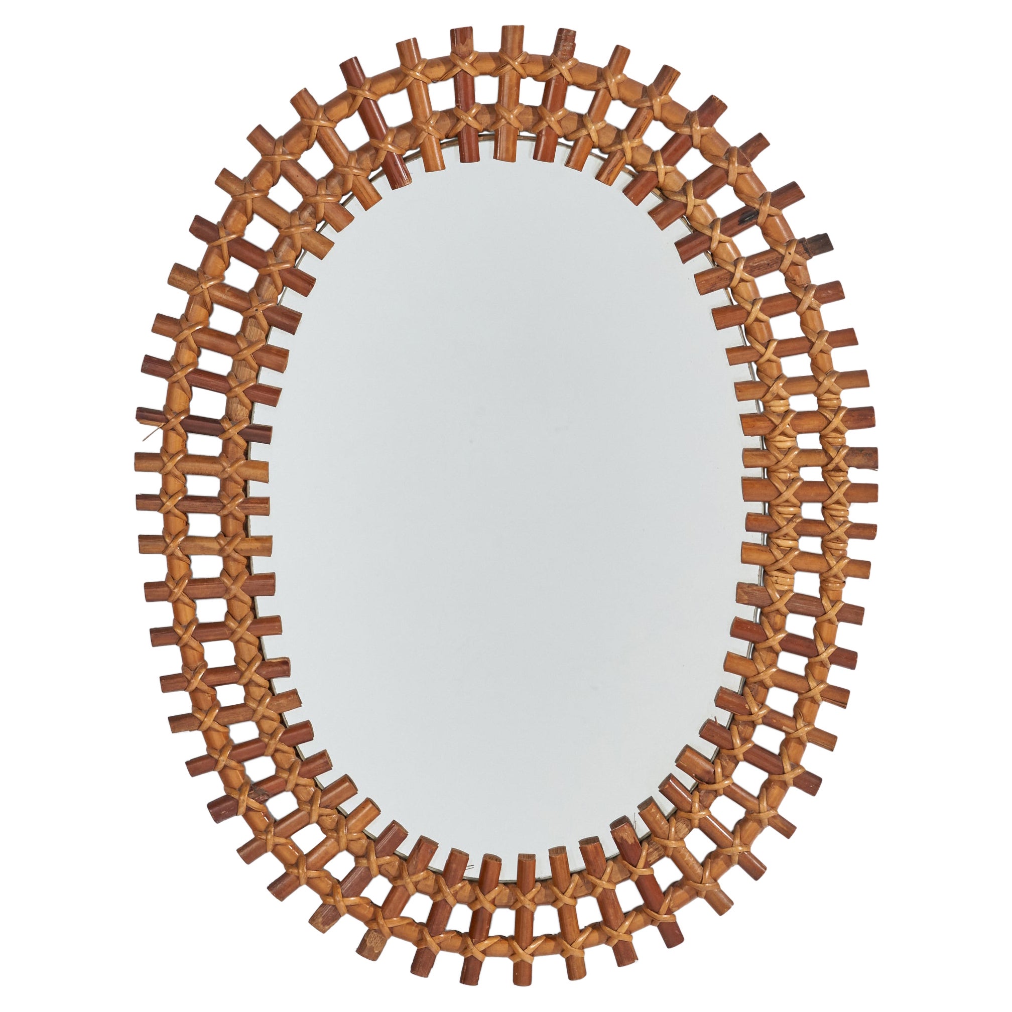 Italienischer Designer, Wandspiegel, Bambus, Rattan, Italien, 1960er Jahre
