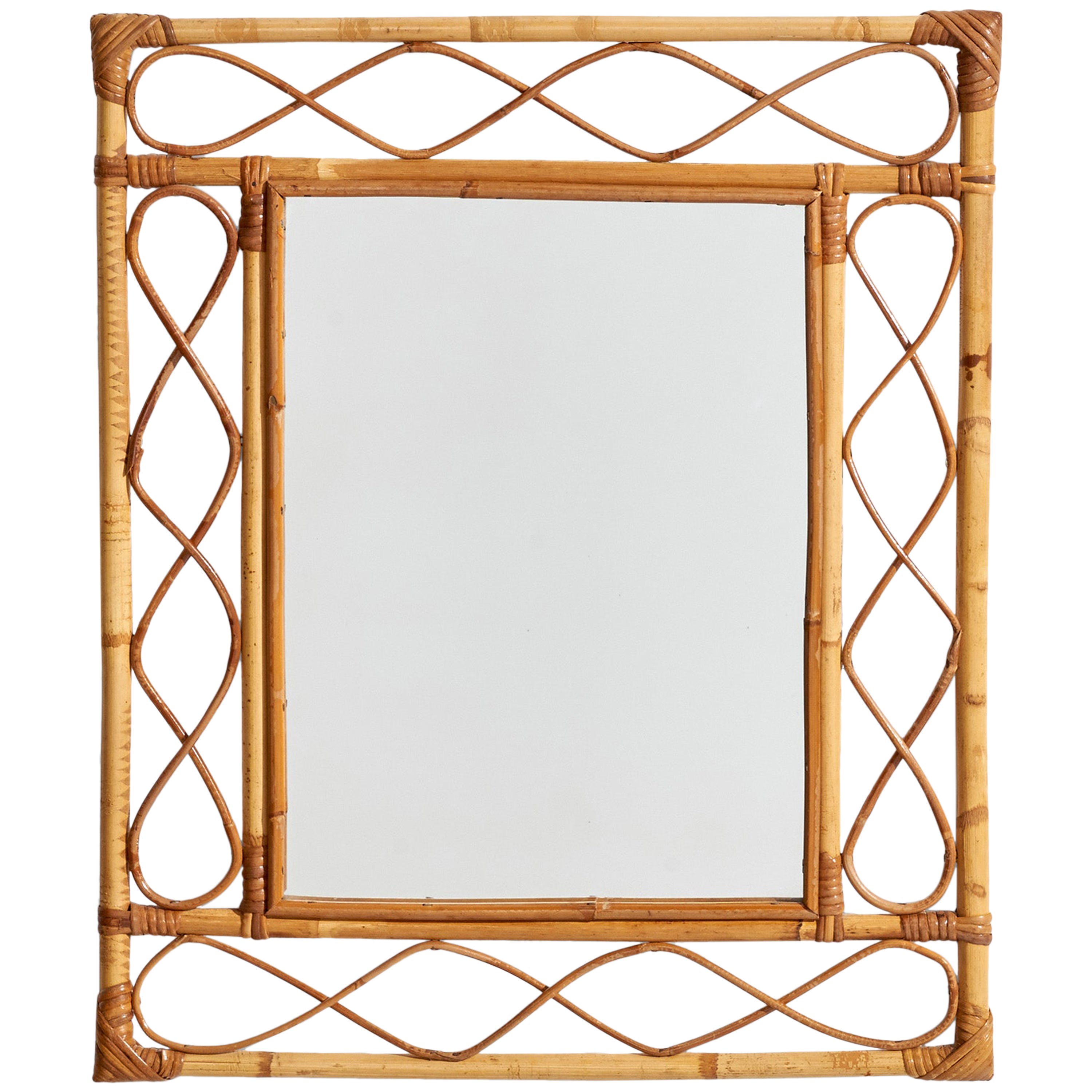 Specchio da parete di design italiano, bambù, rattan, Italia, anni '60