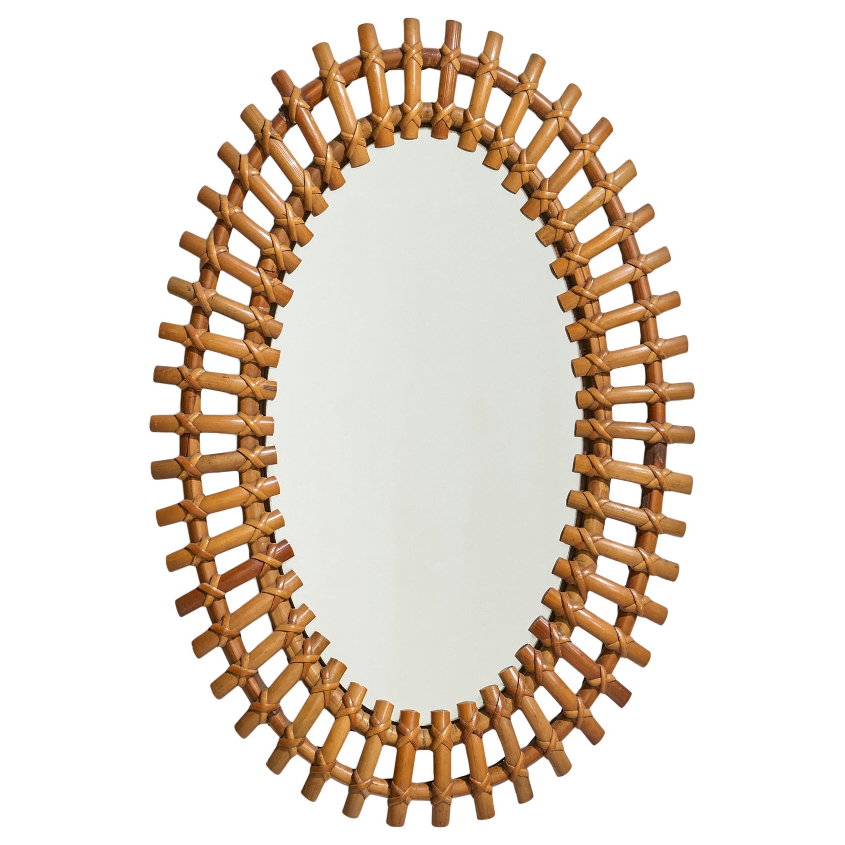 Miroir mural de designer italien, bambou, rotin, Italie, années 1960