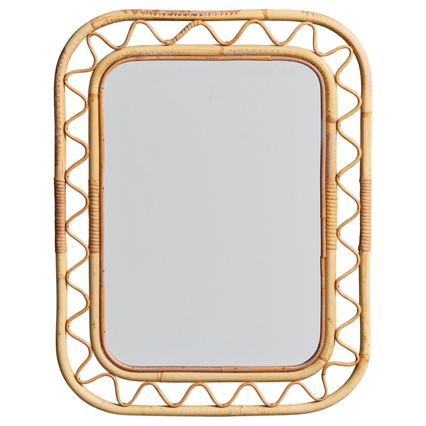 Miroir mural de designer italien, bambou, rotin, Italie, années 1960