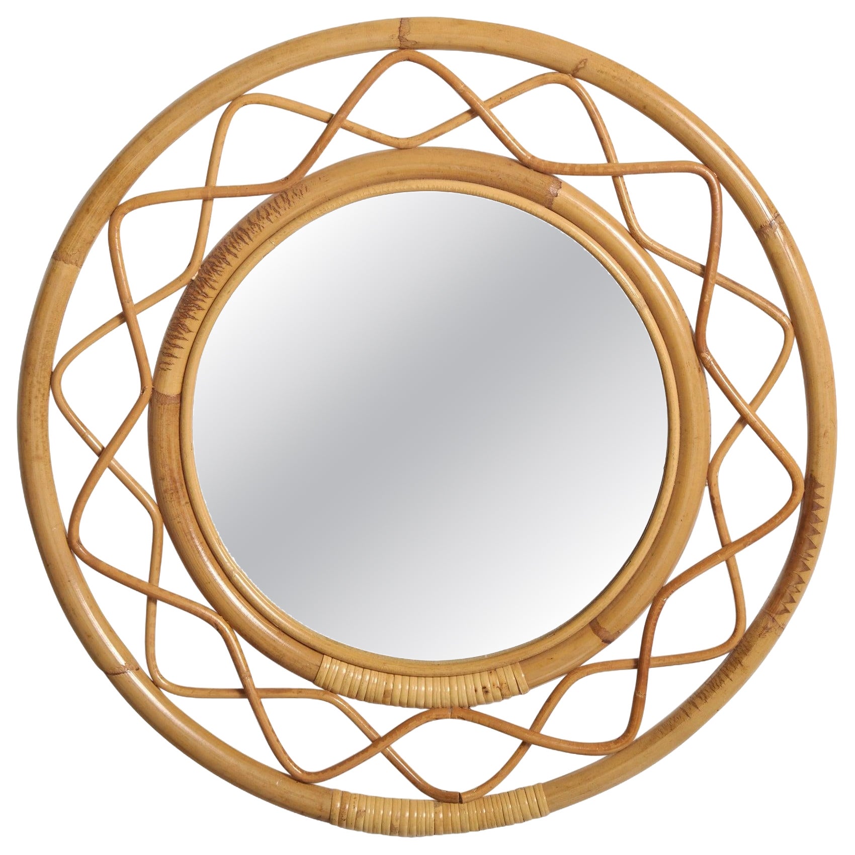 Specchio da parete di design italiano, bambù, rattan, Italia, anni '60