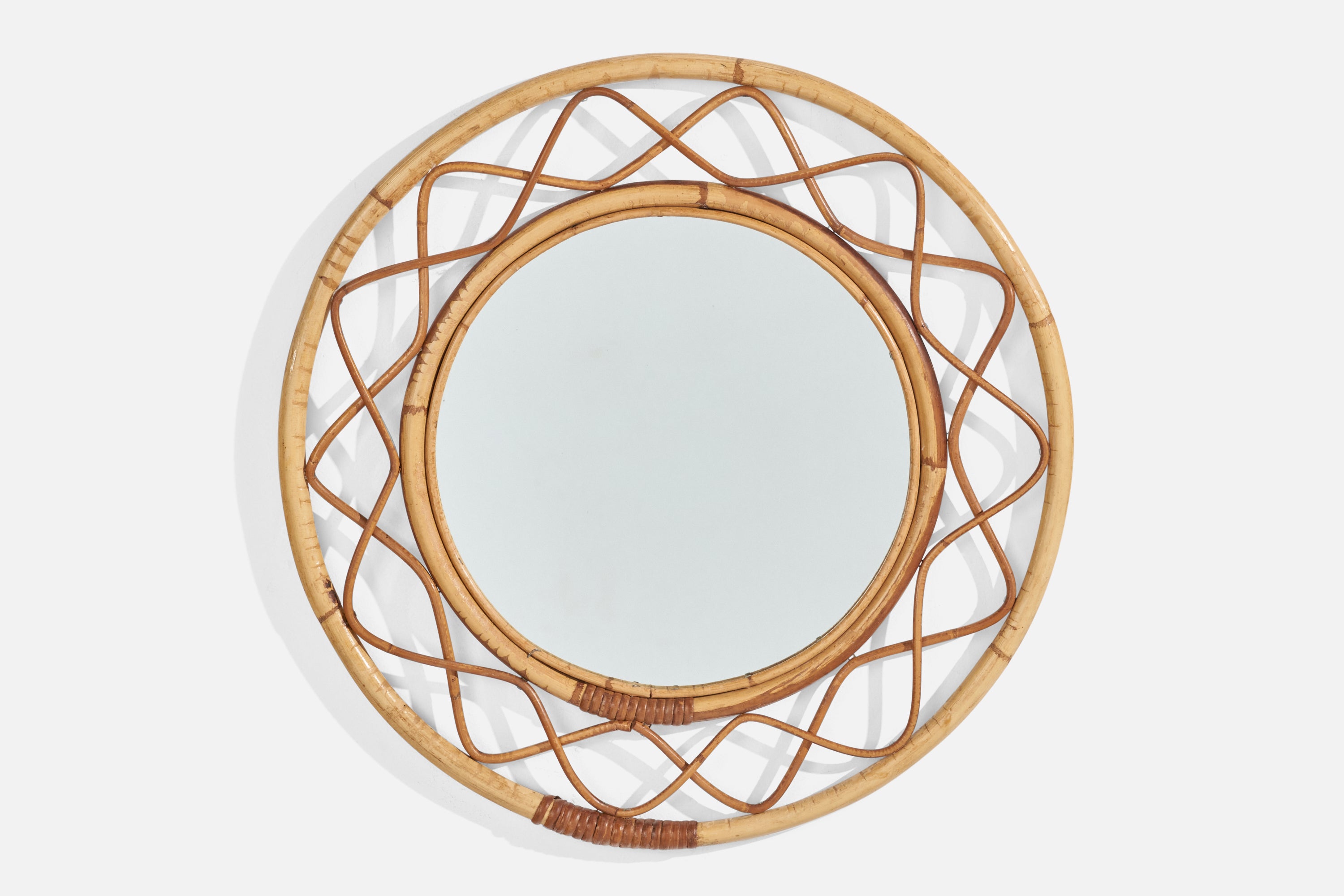 Italian Designer, Wall Mirror, Bamboo, Rattan, Italy, 1960s For Sale
