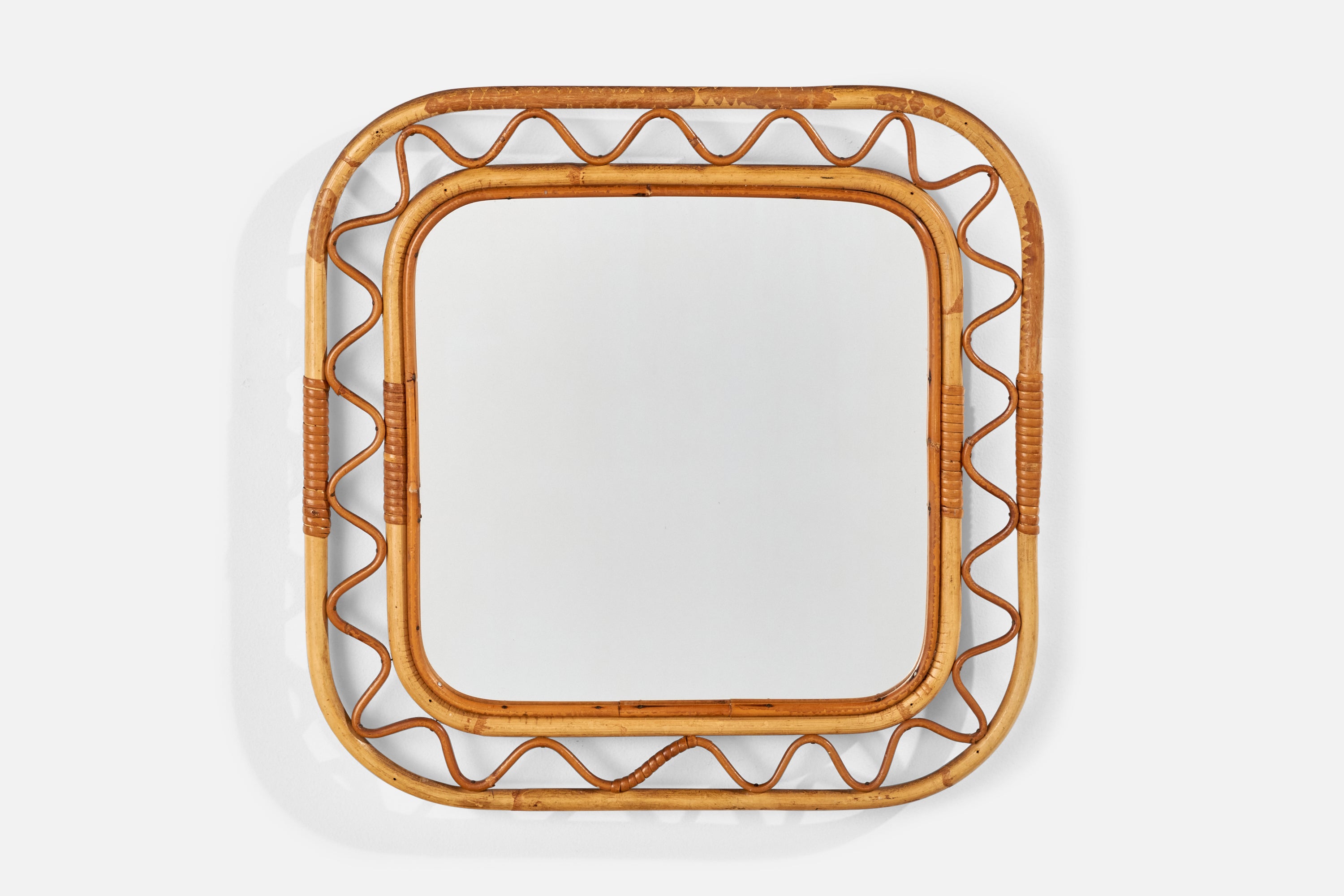 Miroir mural de designer italien, bambou, rotin, Italie, années 1960