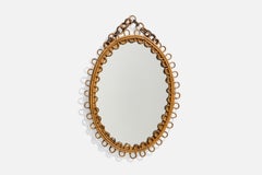 Specchio da parete di design italiano, bambù, rattan, vetro a specchio, Italia, anni '50