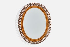 Italian Designer, Wall Mirror, Bamboo, Rattan, Mirror Glass, Italy, 1950s