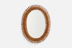 Italian Designer, Wall Mirror, Bamboo, Rattan, Mirror Glass, Italy, 1950s