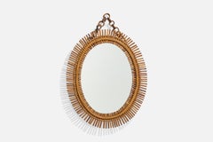 Italian Designer, Wall Mirror, Bamboo, Rattan, Mirror Glass, Italy, 1950s