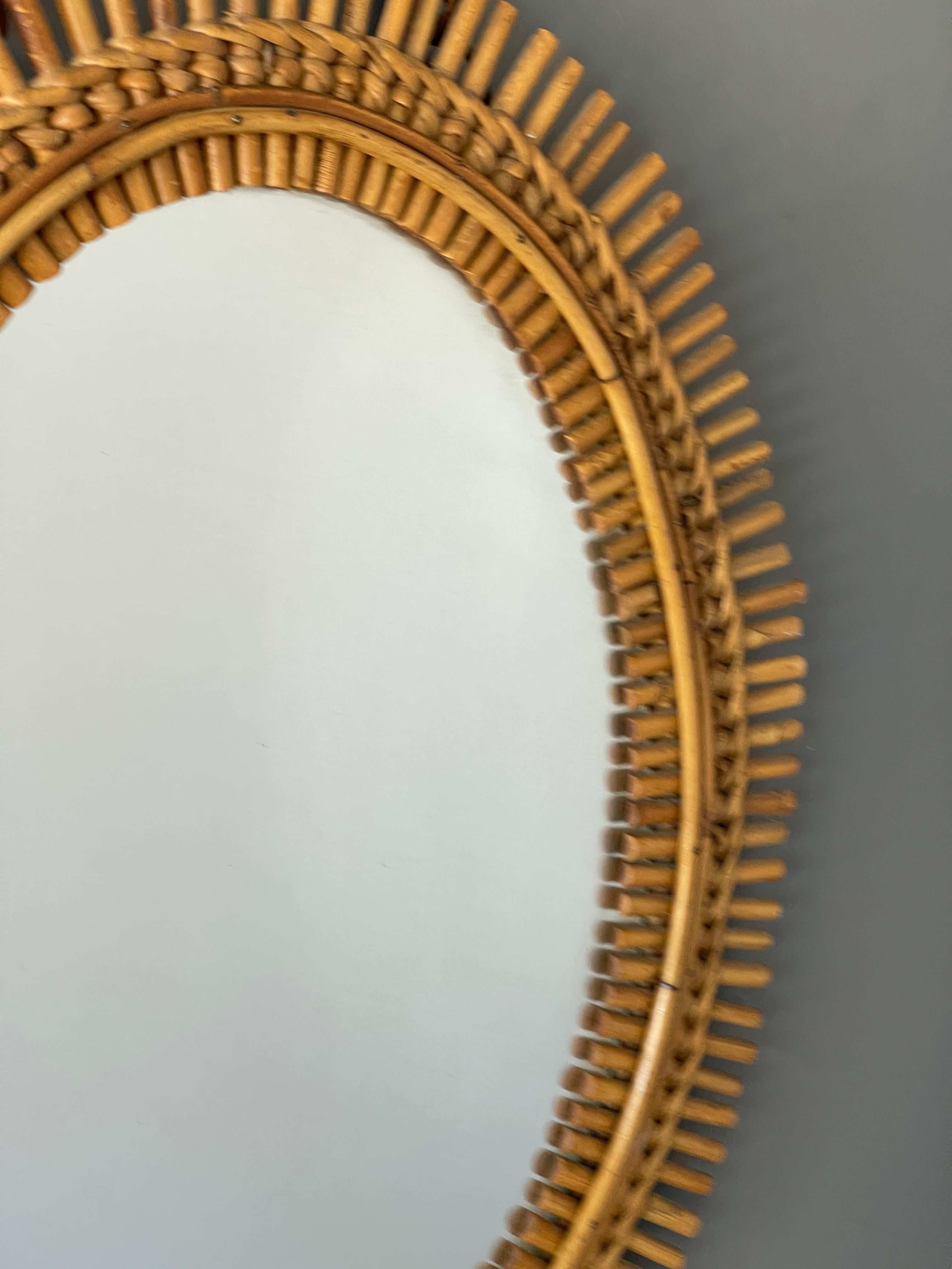 Mid-Century Modern Italian Designer, Wall Mirror, Bamboo, Rattan, Mirror Glass, Italy, 1950s