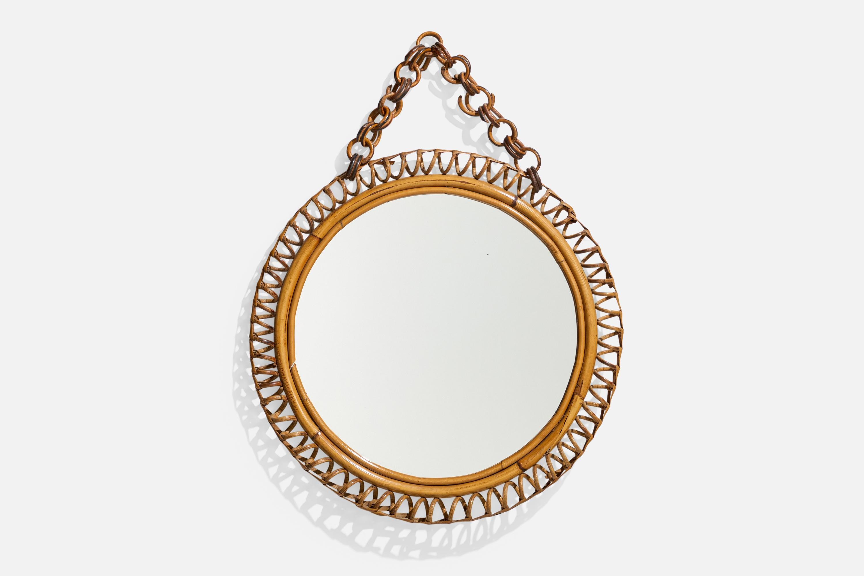 Mid-Century Modern Miroir mural de designer italien, bambou, rotin, verre de miroir, Italie, années 1950 en vente