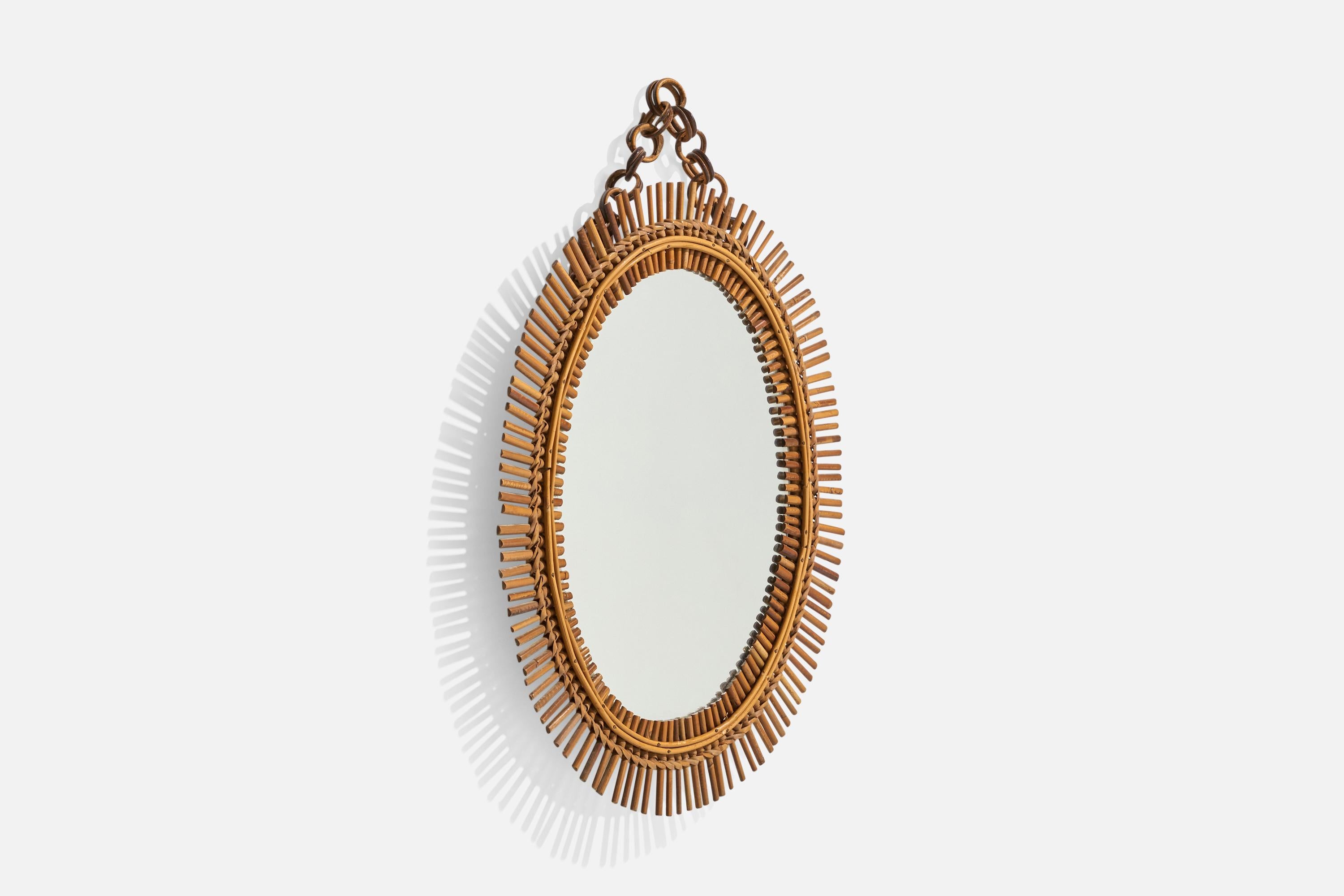 Mid-Century Modern Miroir mural de designer italien, bambou, rotin, verre de miroir, Italie, années 1950 en vente