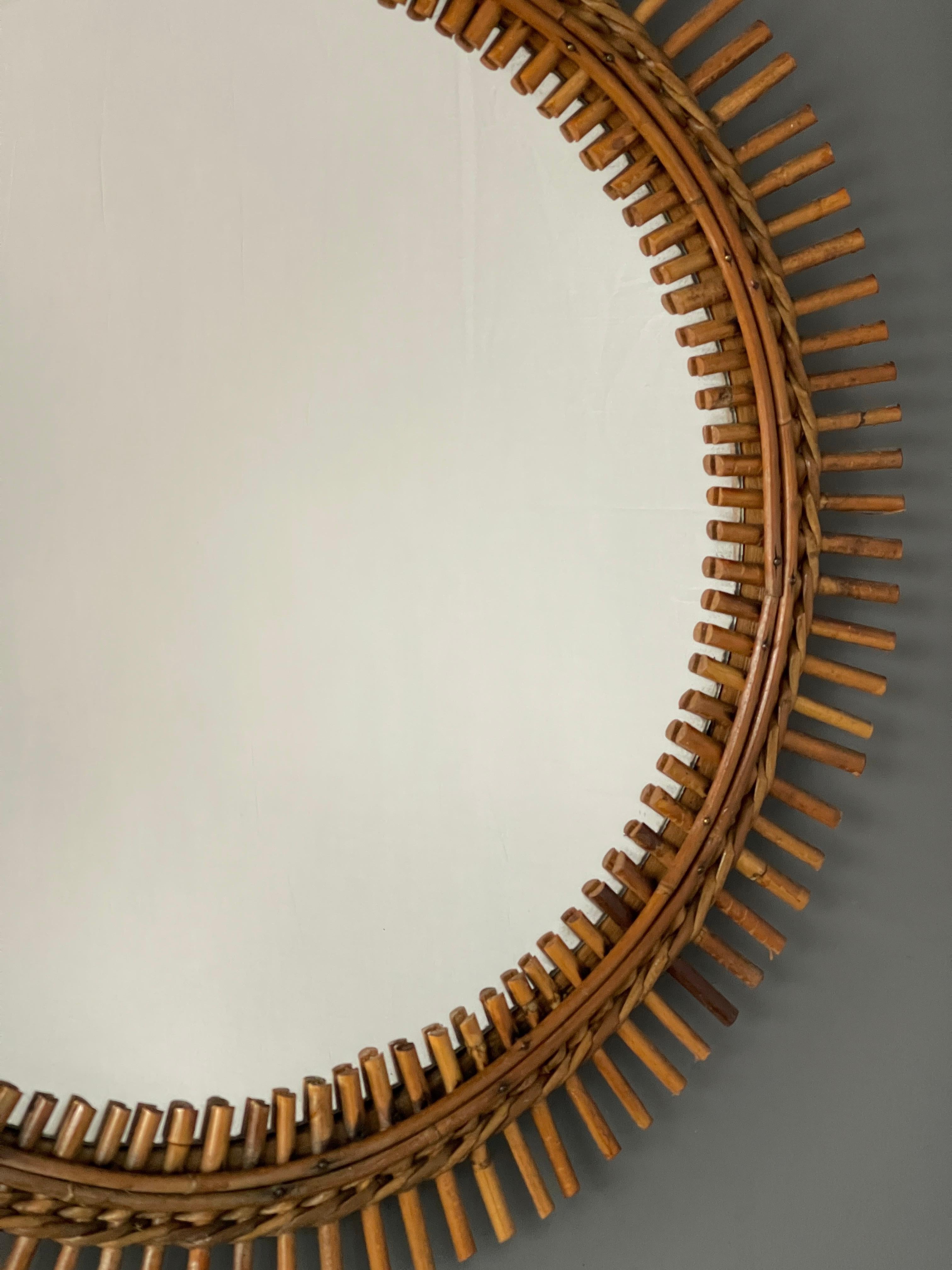 Italian Designer, Wall Mirror, Bamboo, Rattan, Mirror Glass, Italy, 1950s In Good Condition In High Point, NC