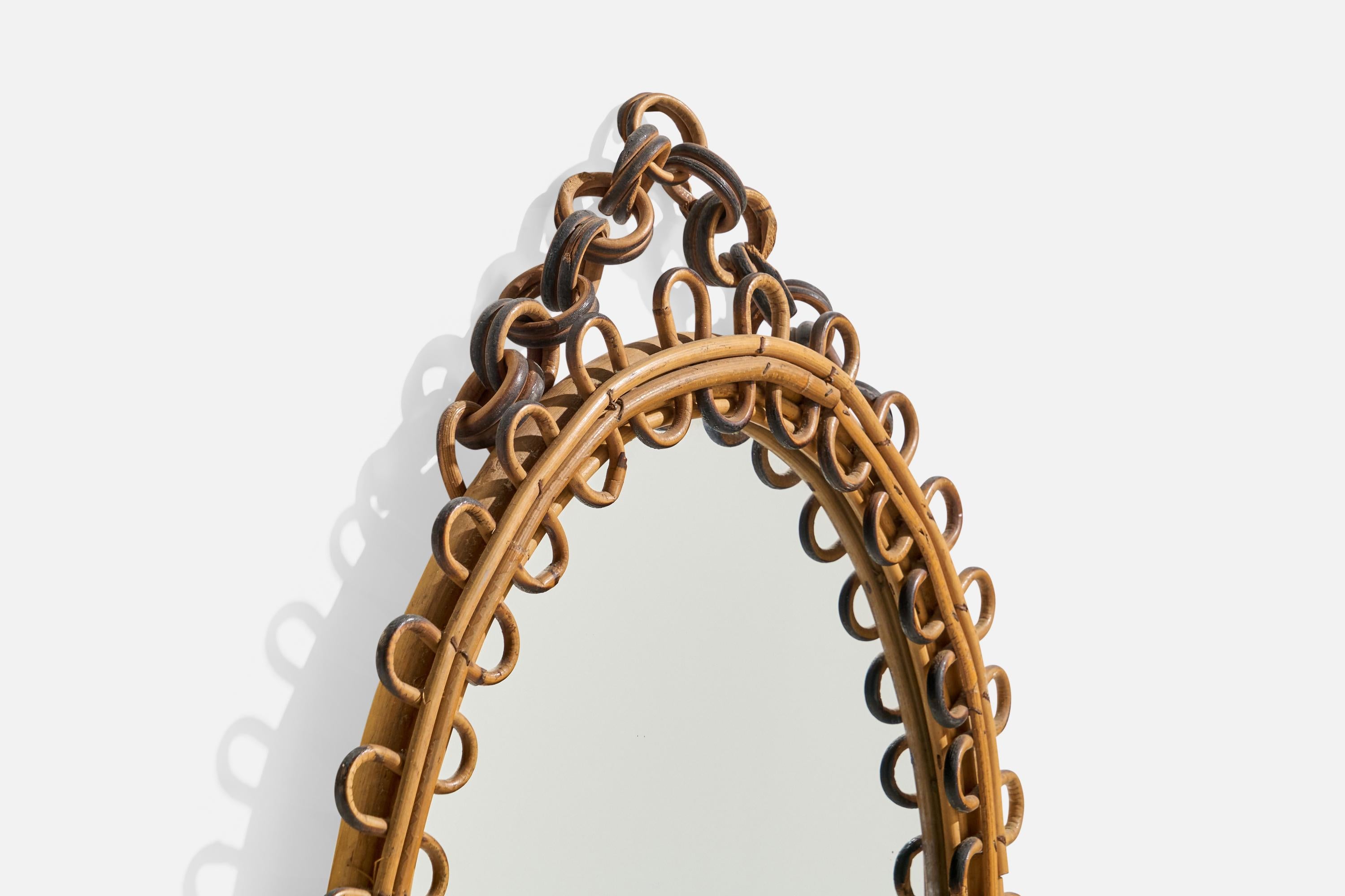 Italiano Specchio da parete di design italiano, bambù, rattan, vetro a specchio, Italia, anni '50 in vendita